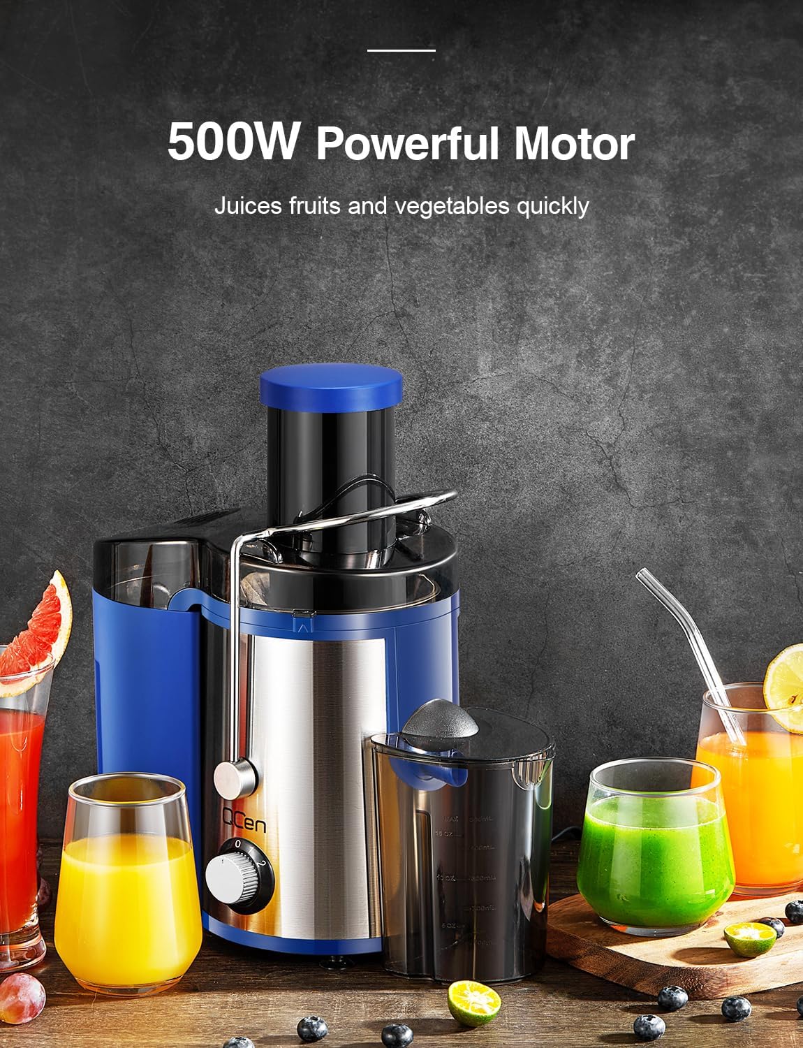 Qcen Juicer Machine, 800W Centrifugal Juicer Extractor with Wide Mouth 3” Feed Chute for Fruit Vegetable, Easy to Clean, Stainless Steel, BPA-free (Black)