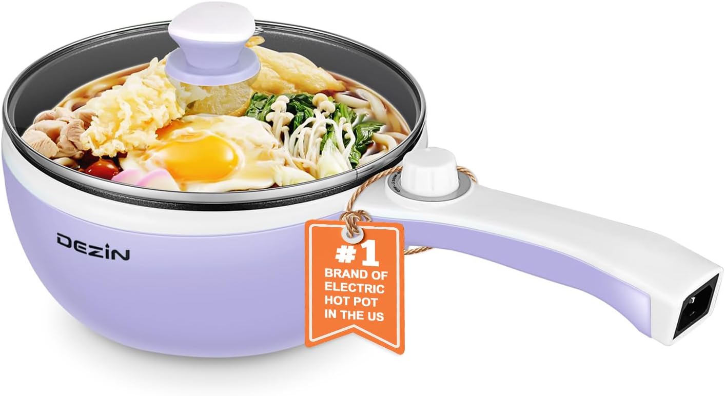 Dezin Hot Pot Electric Upgraded, Non-Stick Sauté Pan, Rapid Noodles Electric Pot, 1.5L Mini Portable Hot Pot for Steak, Egg, Fried Rice, Ramen, Oatmeal, Soup with Power Adjustment(Egg Rack Included)