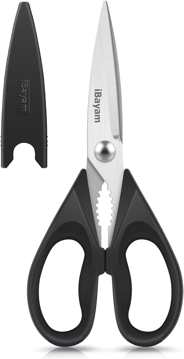 iBayam Kitchen Scissors All Purpose Heavy Duty Meat Poultry Shears, Dishwasher Safe Food Cooking Scissors Stainless Steel Utility Scissors, 2-Pack (Black Red, Black Gray)