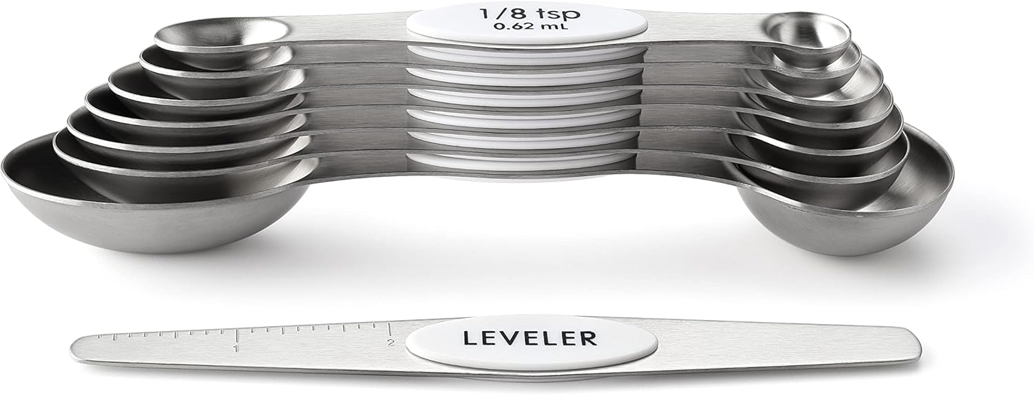 Spring Chef Magnetic Measuring Spoons Set with Strong N45 Magnets, Heavy Duty Stainless Steel Metal, Fits in Most Kitchen Spice Jars for Baking & Cooking, BPA Free, Black, Set of 8 with Leveler