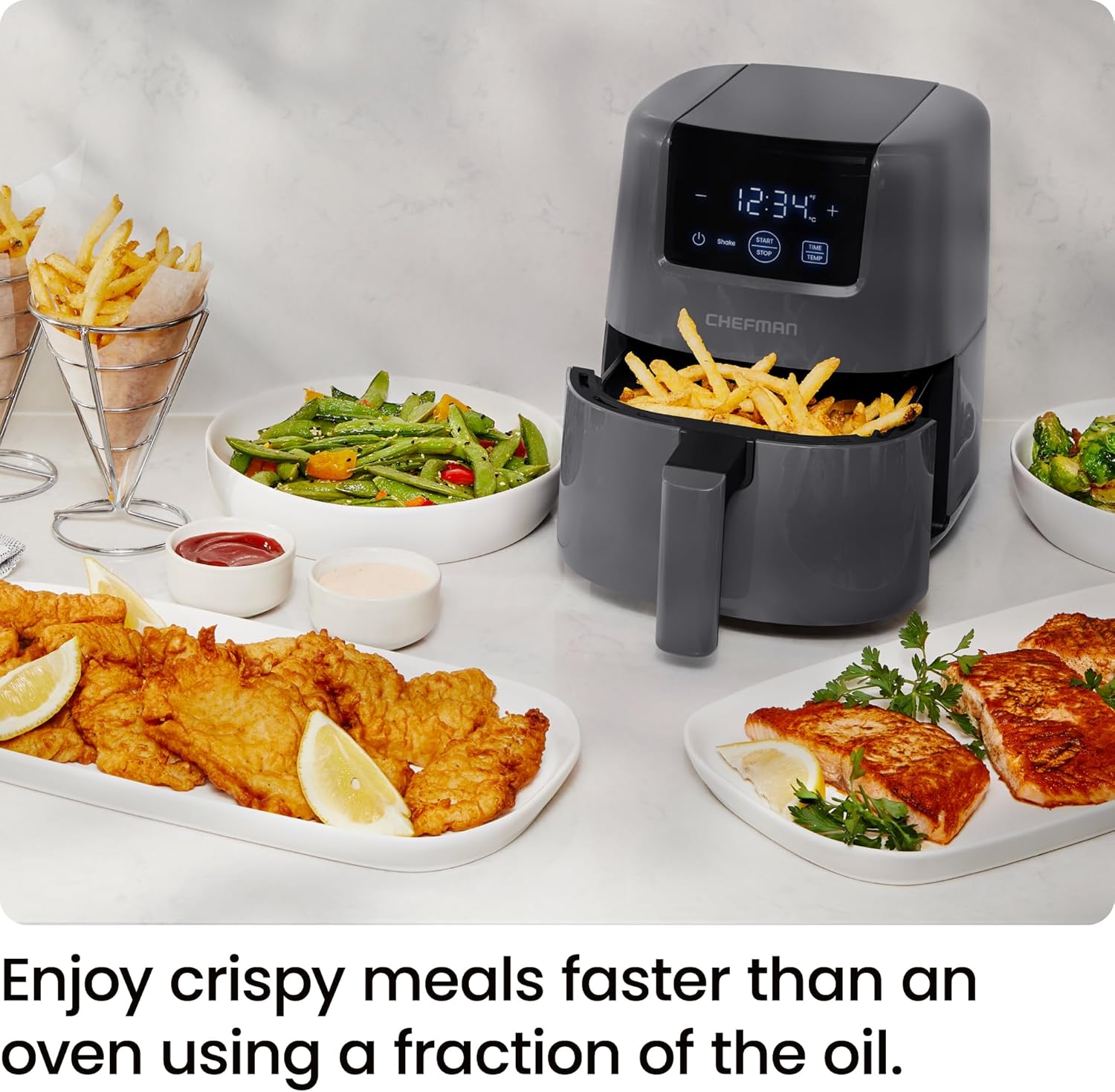 CHEFMAN 2 Qt Mini Air Fryer – Digital Space-Saving Compact Air Fryer with Nonstick and Dishwasher Safe Basket, Quick & Easy Meals in Minutes, Features Digital Timer and Shake Reminder – Grey