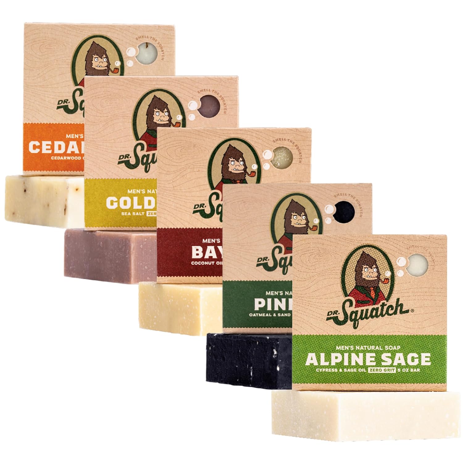 Dr. Squatch All Natural Bar Soap for Men, 5 Bar Variety Pack - Men's Natural Bar Soap - Rainforest Rapids, Coconut Castaway, Fresh Falls, Summer Citrus, and Eucalyptus Greek Yogurt - Soap Gift