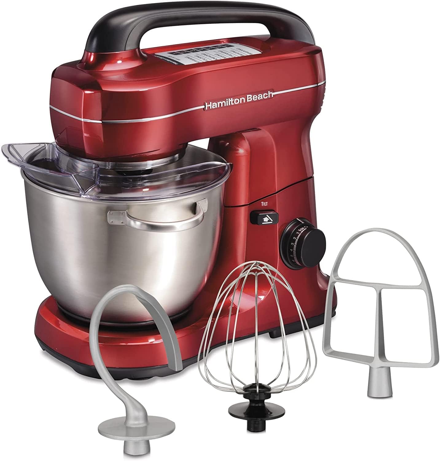 Hamilton Beach Electric Stand Mixer, 4 Quarts, Dough Hook, Flat Beater Attachments, Splash Guard 7 Speeds with Whisk, Black with Top Handle