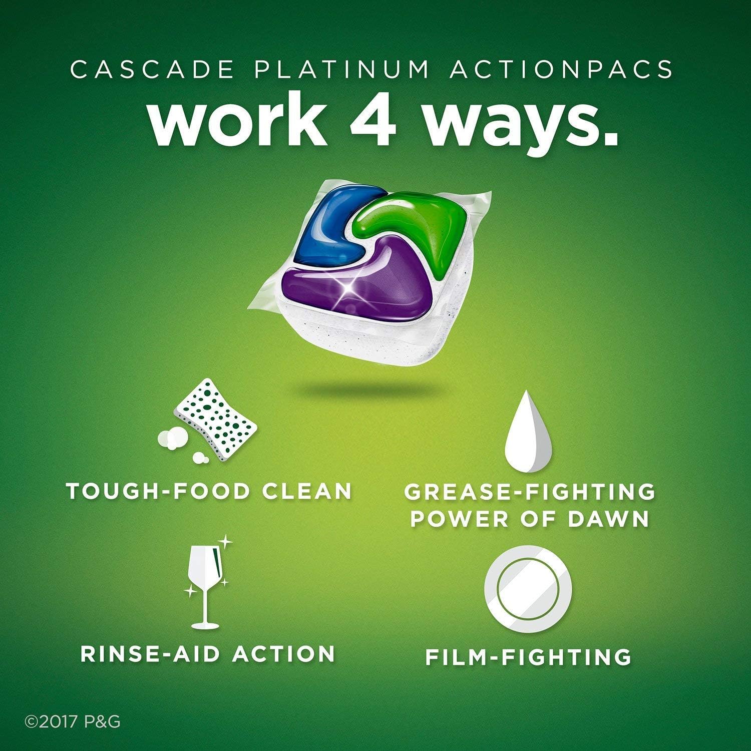 Cascade Platinum Dishwasher Pods, Detergent, Soap Pods, Actionpacs with Dishwasher Cleaner and Deodorizer Action, Fresh, 62 Count