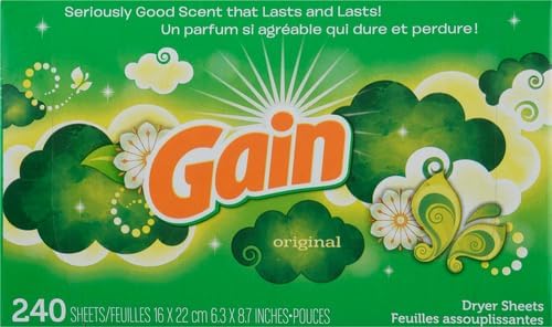 Gain Dryer Sheets, 240 Count, Original Scent Laundry Fabric Softener Sheets with 2-in-1 Aromaboost Plus Softness