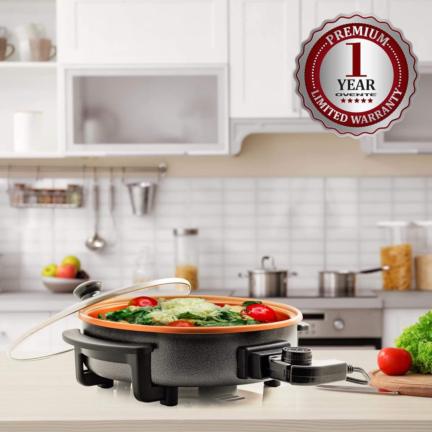 OVENTE 12 Inch Electric Skillet and Frying Pan with Nonstick Coating, 1400W Power, Adjustable Temperature Control, Tempered Glass Lid with Vent and Cool Touch Handles, Black SK11112B