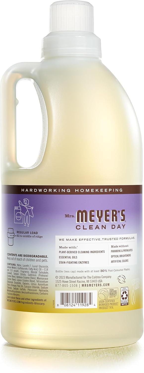 MRS. MEYER'S CLEAN DAY Liquid Laundry Detergent, Biodegradable Formula Infused with Essential Oils, Lavender, 64 oz (64 Loads)