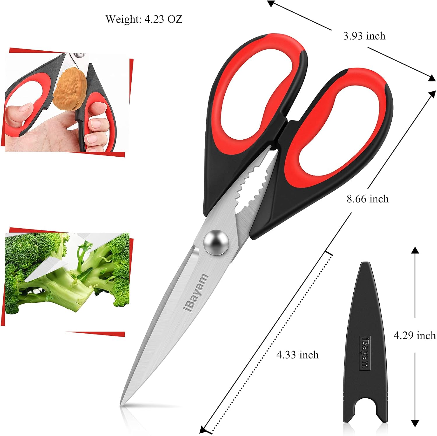 iBayam Kitchen Scissors All Purpose Heavy Duty Meat Poultry Shears, Dishwasher Safe Food Cooking Scissors Stainless Steel Utility Scissors, 2-Pack (Black Red, Black Gray)