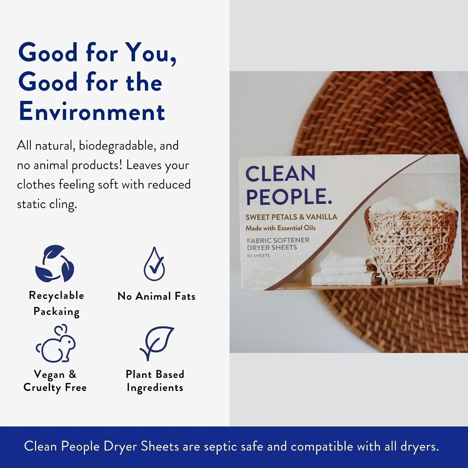 The Clean People Fabric Softener Sheets - Dryer Sheets - Softens & Removes Static Cling - Vegan Laundry Softener With Essential Oils - Fresh Scent, 120 Pack