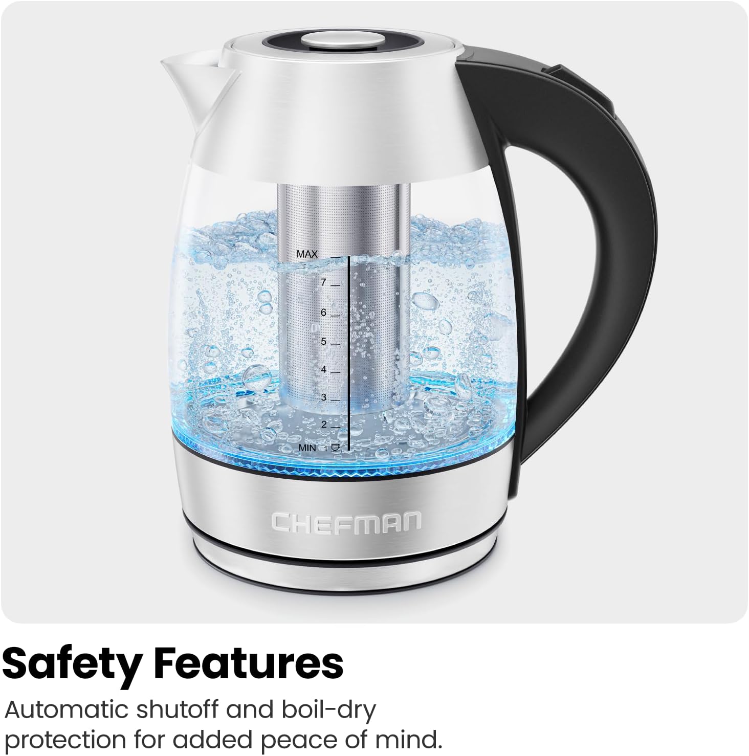 Chefman Electric Kettle with Temperature Control, 5 Presets LED Indicator Lights, Removable Tea Infuser, Glass Tea Kettle & Hot Water Boiler, 360° Swivel Base, BPA Free, Stainless Steel, 1.8 Liters