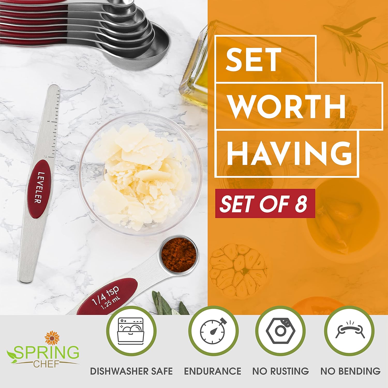 Spring Chef Magnetic Measuring Spoons Set with Strong N45 Magnets, Heavy Duty Stainless Steel Metal, Fits in Most Kitchen Spice Jars for Baking & Cooking, BPA Free, Black, Set of 8 with Leveler