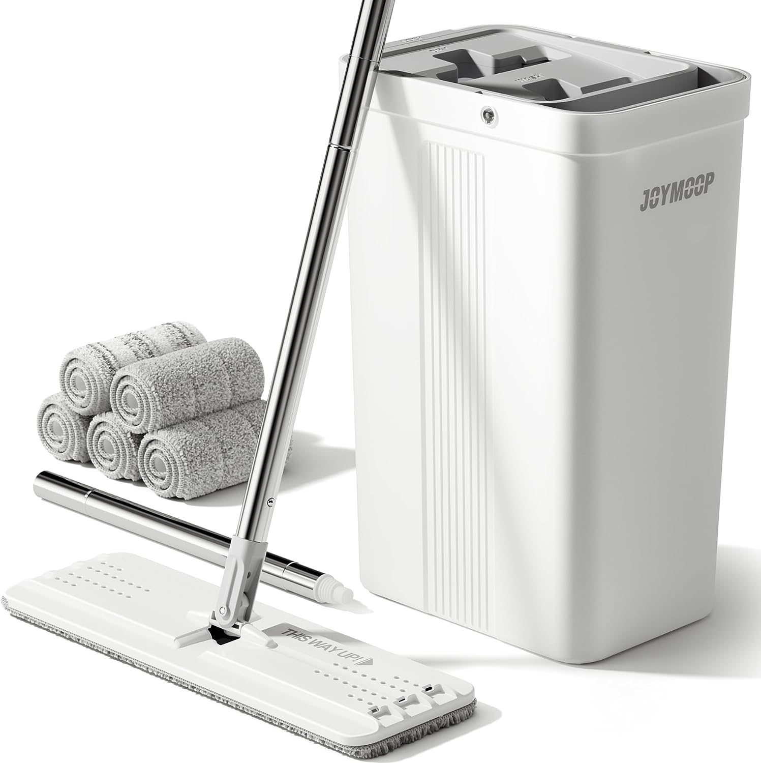 JOYMOOP mop and bucket with Wringer Set, Flat ,for floor cleaning with 3 Microfiber Pads, Wet and Dry Use, Household cleaning Tools, for Hardwood, Laminate, Tile