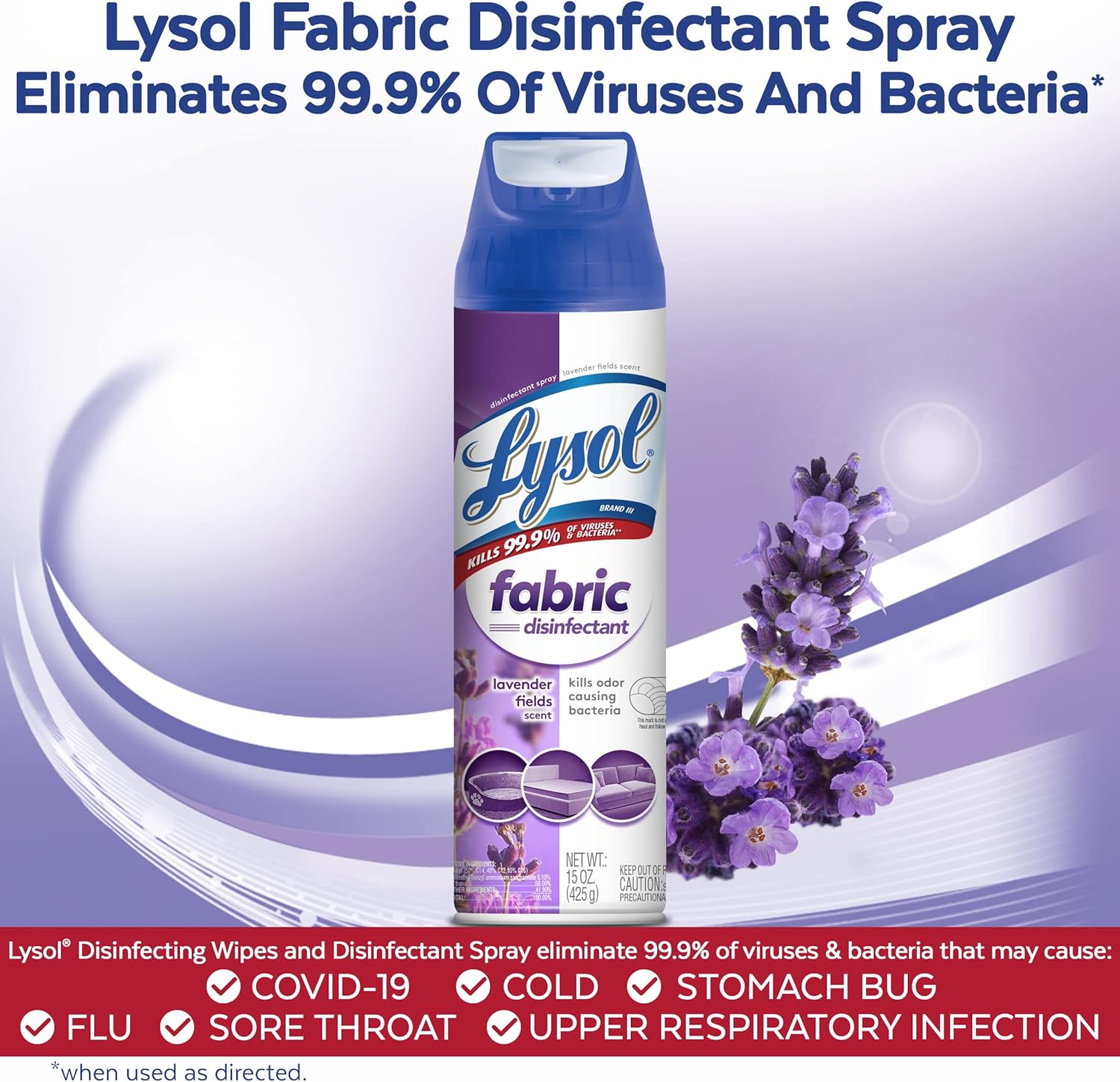 Lysol Fabric Disinfectant Spray, Sanitizing and Antibacterial Spray, For Disinfecting and Deodorizing Soft Furnishings, Lavender Fields 15 Fl. Oz (Pack of 3)
