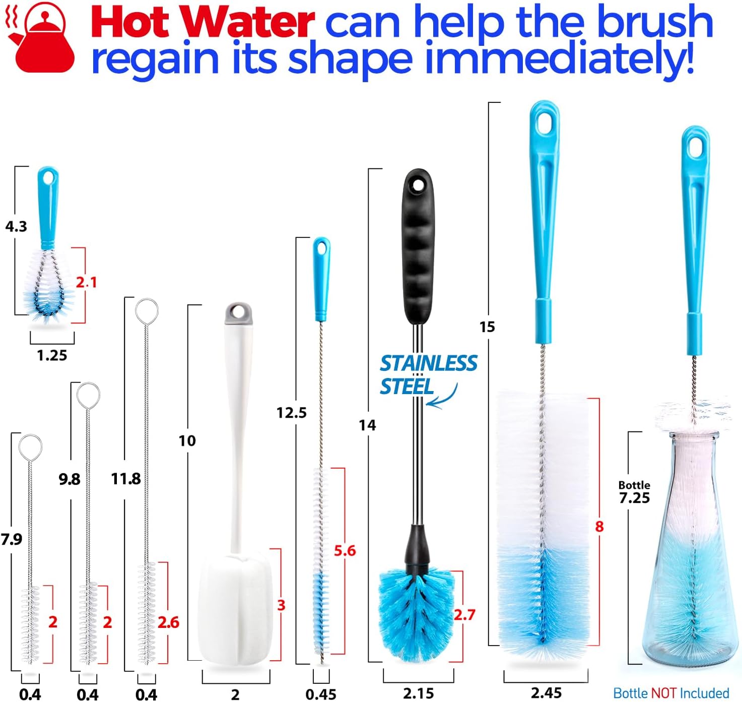 Holikme 8 Pack Bottle Brush Cleaning Set, Long Handle Bottle Cleaner for Washing Narrow Neck Beer Bottles Wine Decanter Narrow Cup Pipes Sinks Cup Cover, White