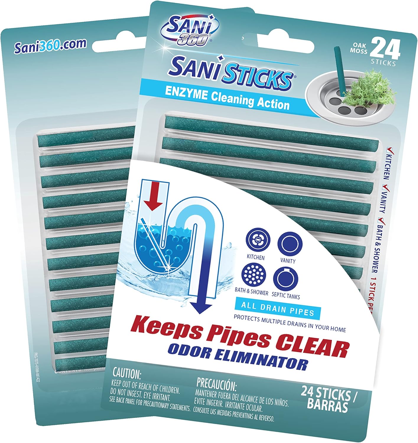 SANI 360° Sani Sticks Drain Cleaner and Deodorizer, Enzyme Pipe Cleaners, Eliminate Odors, Prevent Clogged Drains, Safe for Sinks, Bathtub Drains, Septic Tanks, 24 Count, Lemon Scent