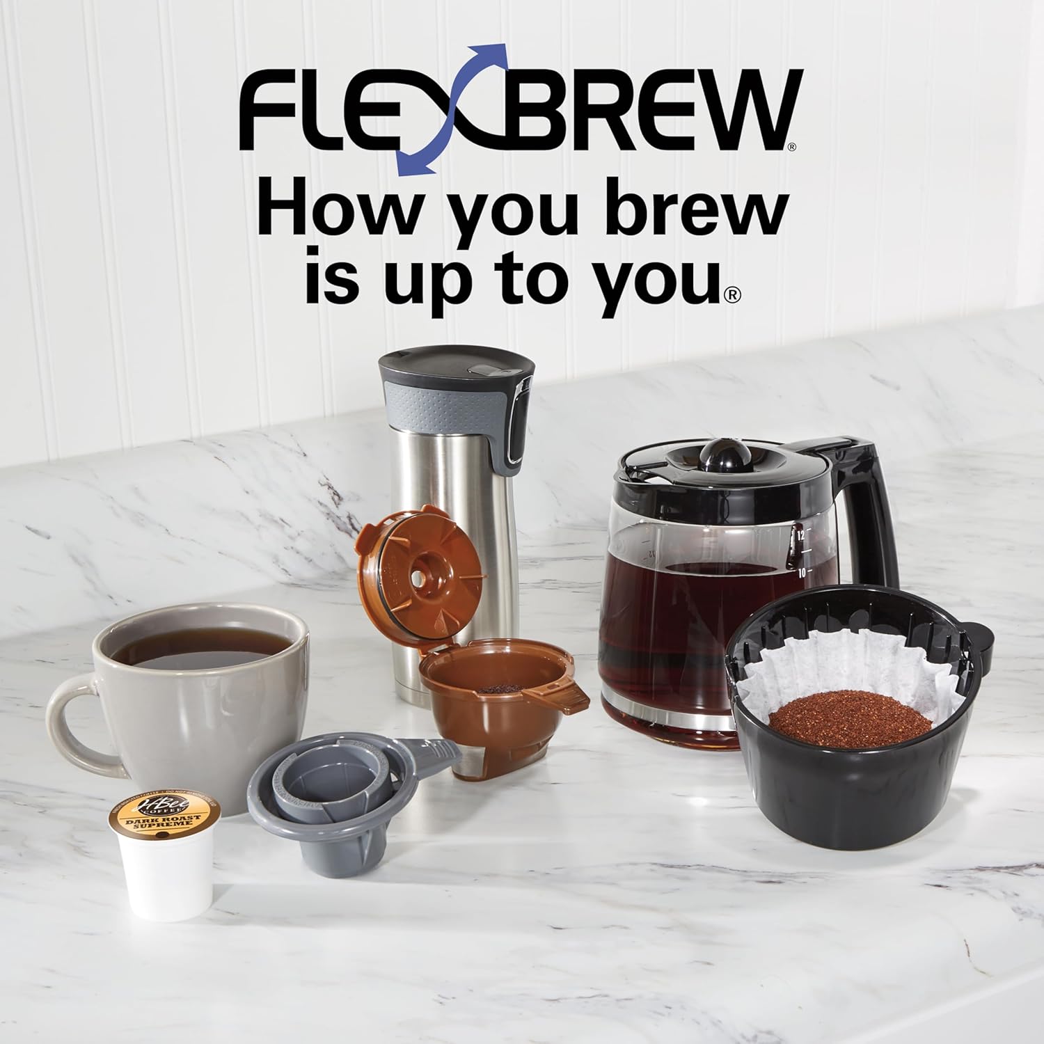 Hamilton Beach FlexBrew Trio 2-Way Coffee Maker, Compatible with K-Cup Pods or Grounds, Combo, Single Serve & Full 12c Pot, Black - Fast Brewing (49902)