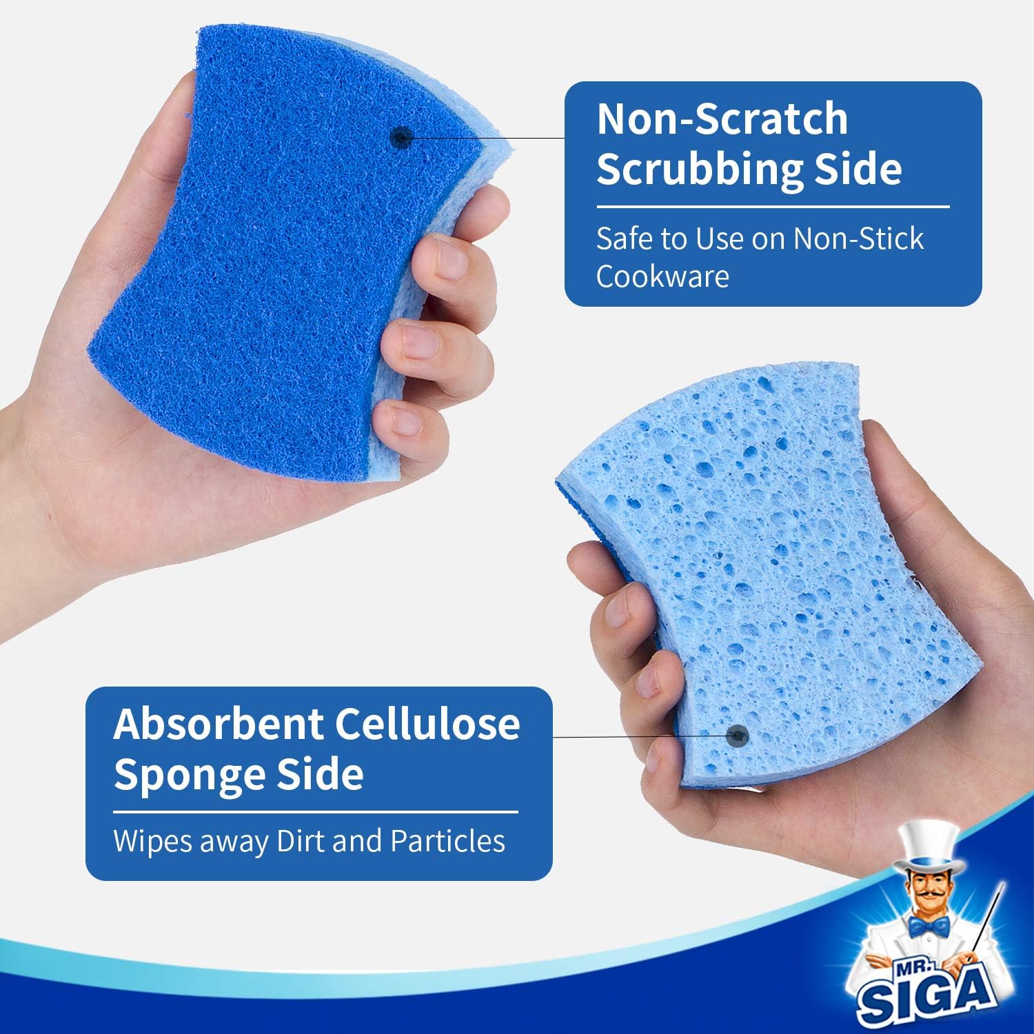 MR.SIGA Non-Scratch Cellulose Scrub Sponge, Dual-Sided Dishwashing Sponge for Kitchen, 12 Pack