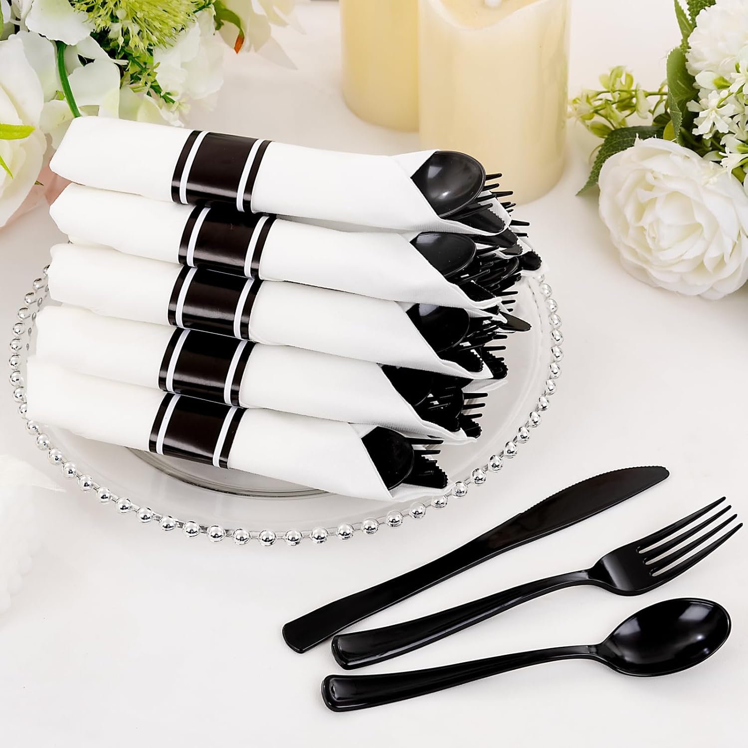 Supernal 60 Pack Pre Rolled Napkins with Gold Plastic Silverware, Premium Disposable Gold Wrapped Cutlery Set Includes: 60 Forks 60 Knives 60 Spoons 60 Napkin for Party