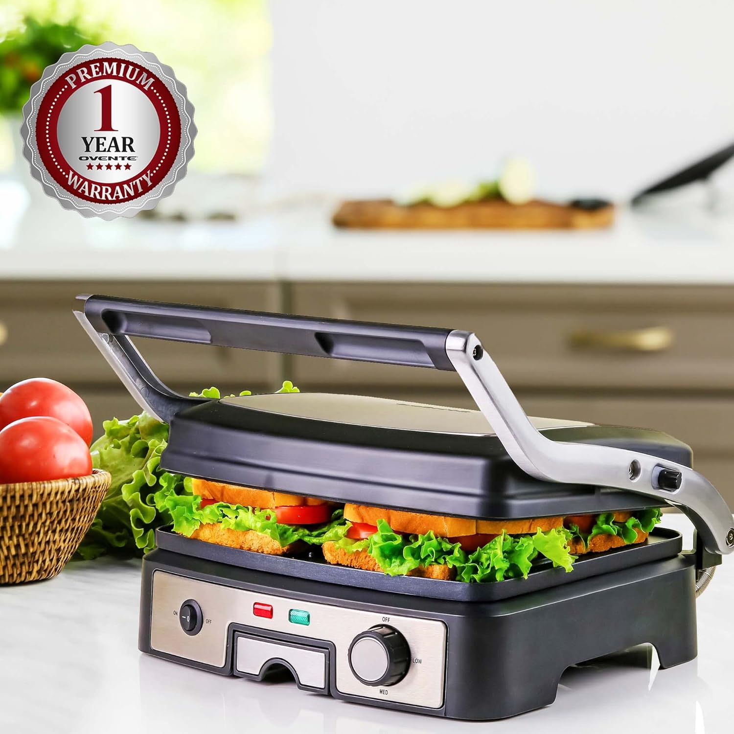 OVENTE Electric Sandwich Maker with Non-Stick Plates, Indicator Lights, Cool Touch Handle, Easy to Clean and Store, Perfect for Cooking Breakfast, Grilled Cheese, Tuna Melts and Snacks, Black GPS401B