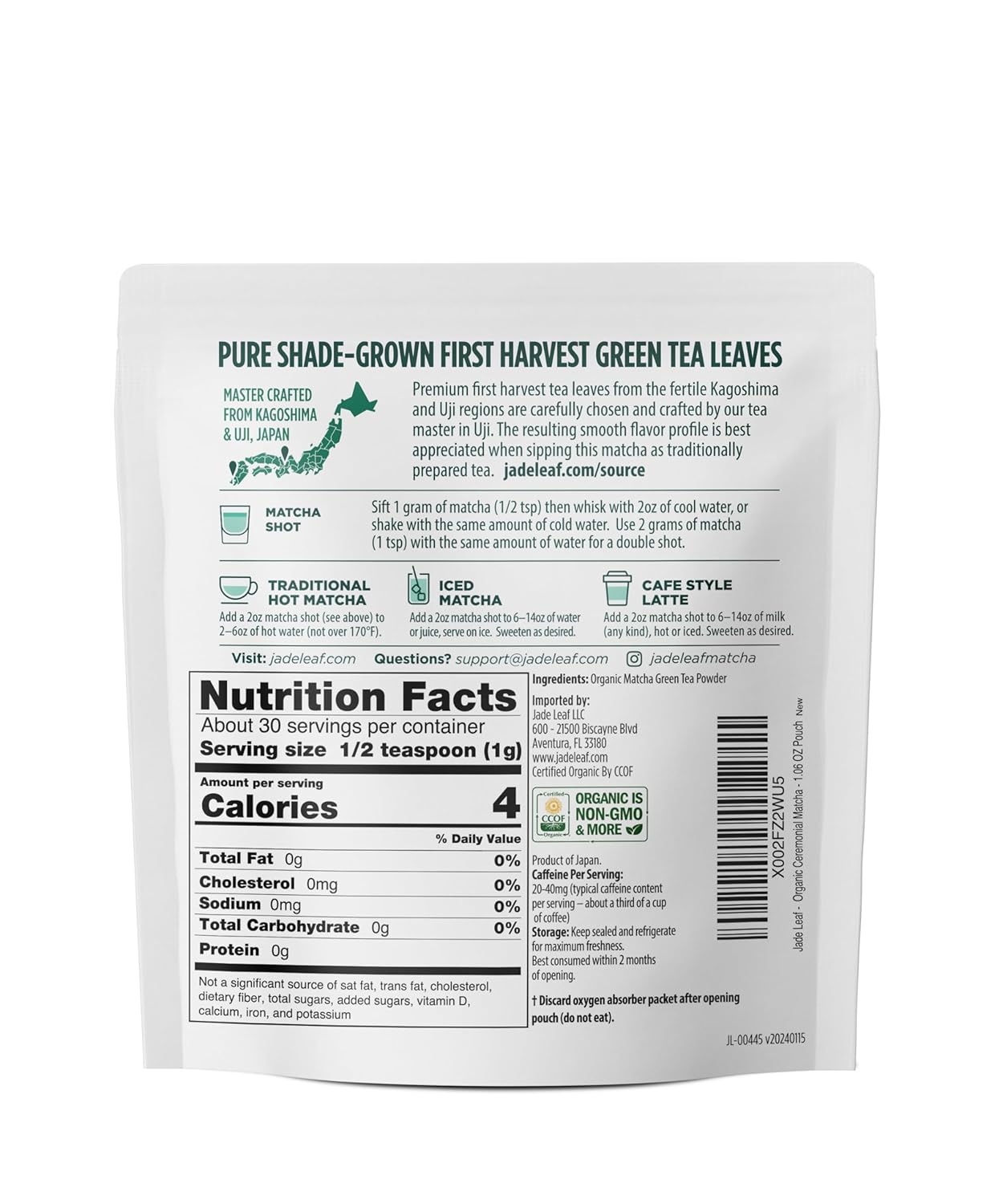 Jade Leaf Matcha Organic Green Tea Powder - Culinary Grade Premium Second Harvest - Authentic Japanese Origin (1.06 Ounce Pouch)