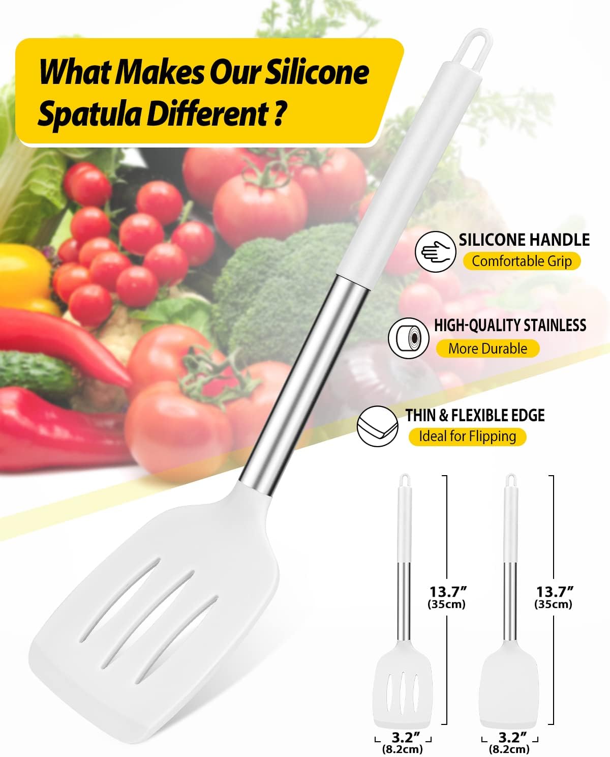 Pack of 2 Silicone Solid Turner,Non Stick Slotted Kitchen Spatulas,High Heat Resistant BPA Free Cooking Utensils,Ideal Cookware for Fish,Eggs,Pancakes (Black)