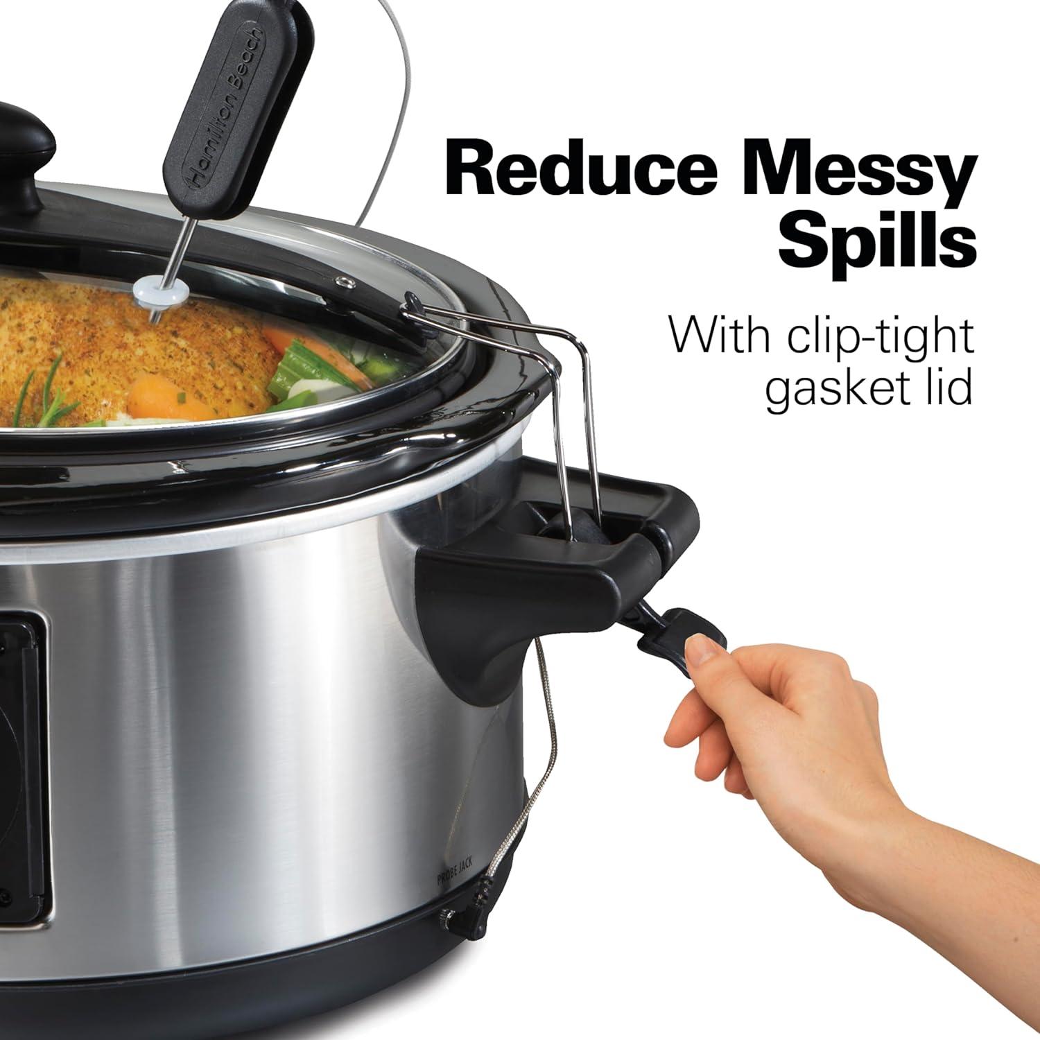 Hamilton Beach Portable 6 Quart Set & Forget Digital Programmable Slow Cooker with Lid Lock, Temperature Probe, Dishwasher Safe Crock & Lid, Black Stainless (33866)