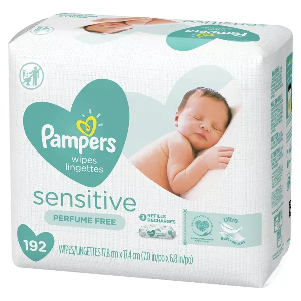 Pampers Baby Wipes Sensitive Perfume Free 3X Refill Packs 192 Count