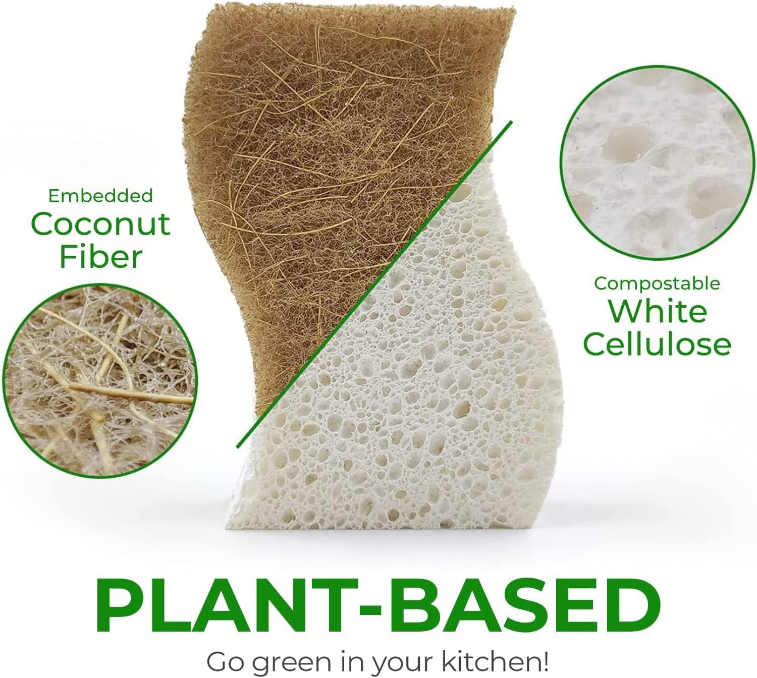 Natural Kitchen Sponge - Biodegradable Compostable Cellulose and Coconut Scrubber Sponge - Pack of 12 Eco Friendly Sponges for Dishes