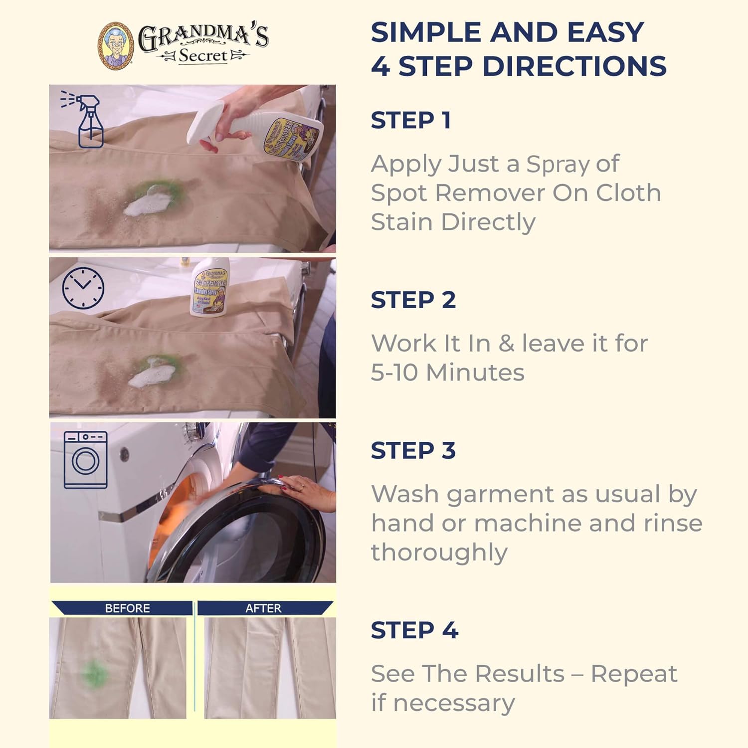 Grandma's Secret Spot Remover Laundry Spray - Chlorine, Bleach and Toxin-Free Fabric Stain Remover for Clothes - Removes Oil, Paint, Blood and Pet Stains - 16 Oz, 2 Pack