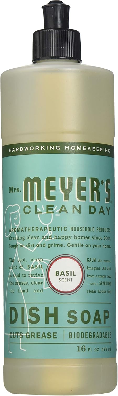 MRS. MEYER'S CLEAN DAY Liquid Dish Soap, Biodegradable Formula, Basil, 16 fl. oz - Pack of 3