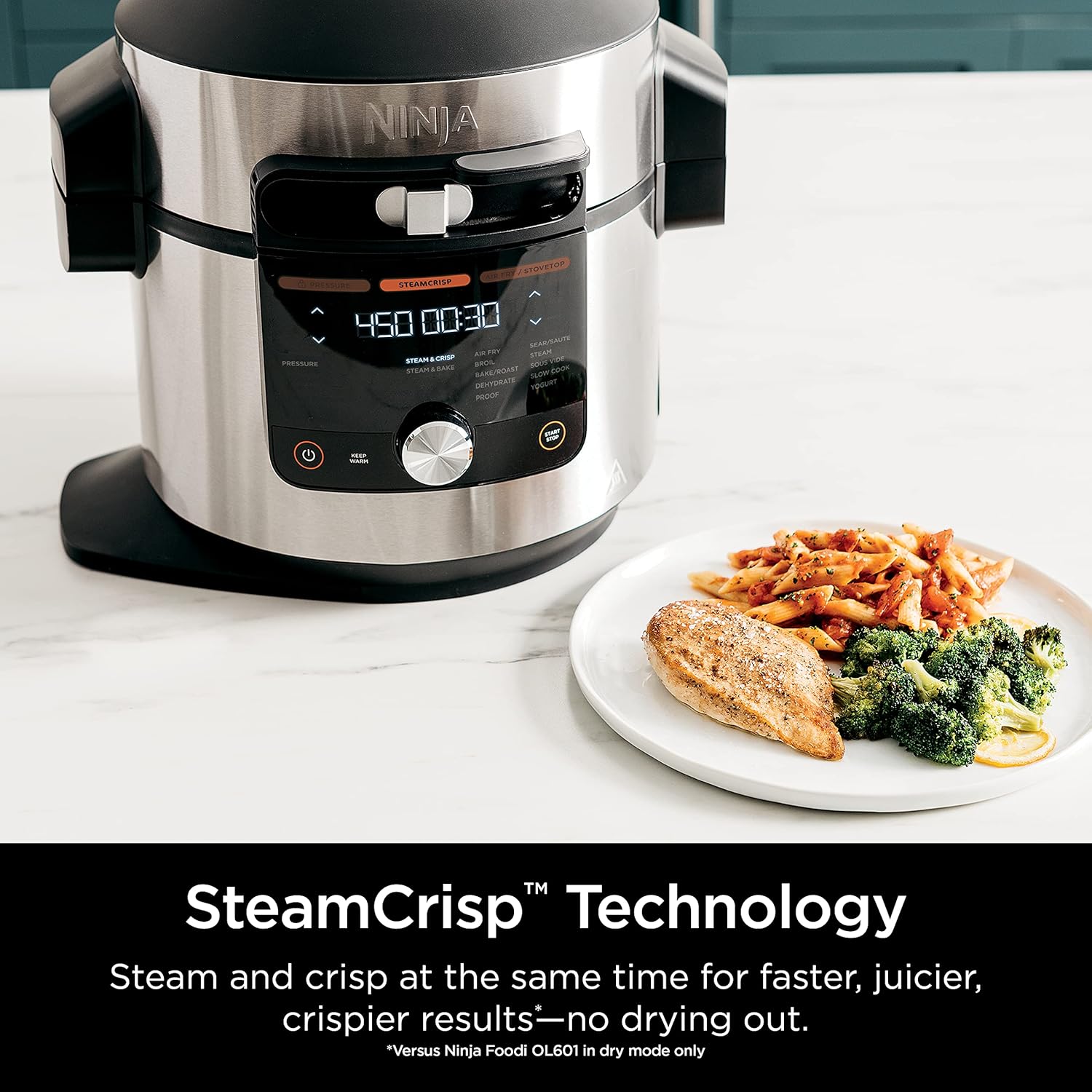 Ninja OL601 Foodi XL 8 Qt. Pressure Cooker Steam Fryer with SmartLid, 14-in-1 that Air Fries, Bakes & More, with 3-Layer Capacity, 5 Qt. Crisp Basket & 45 Recipes, Silver/Black