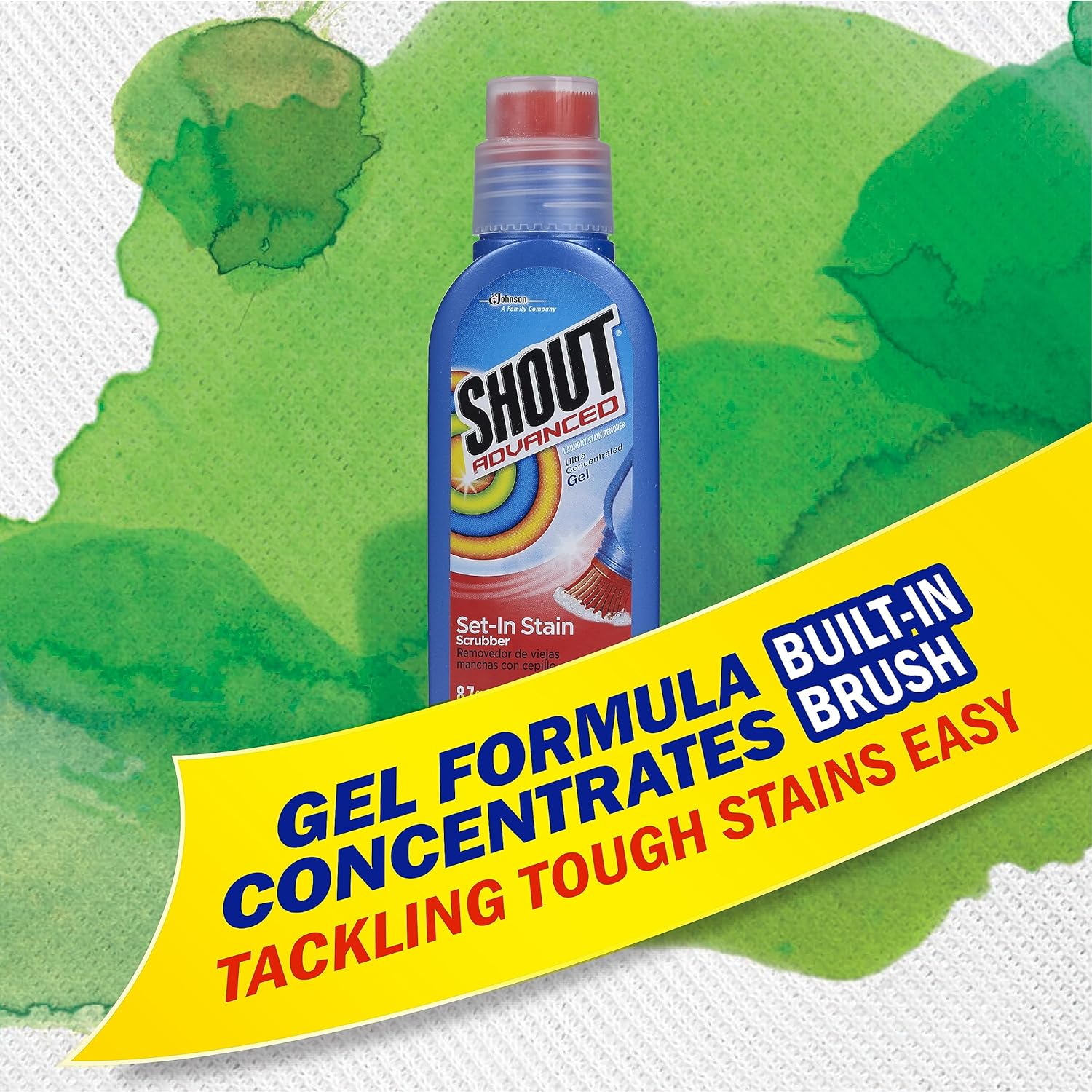 Shout Advanced Stain Remover Brush, Ultra Concentrated Gel with Built-In Scrubber Brush for Deep Set-In Stains, 8.7Oz