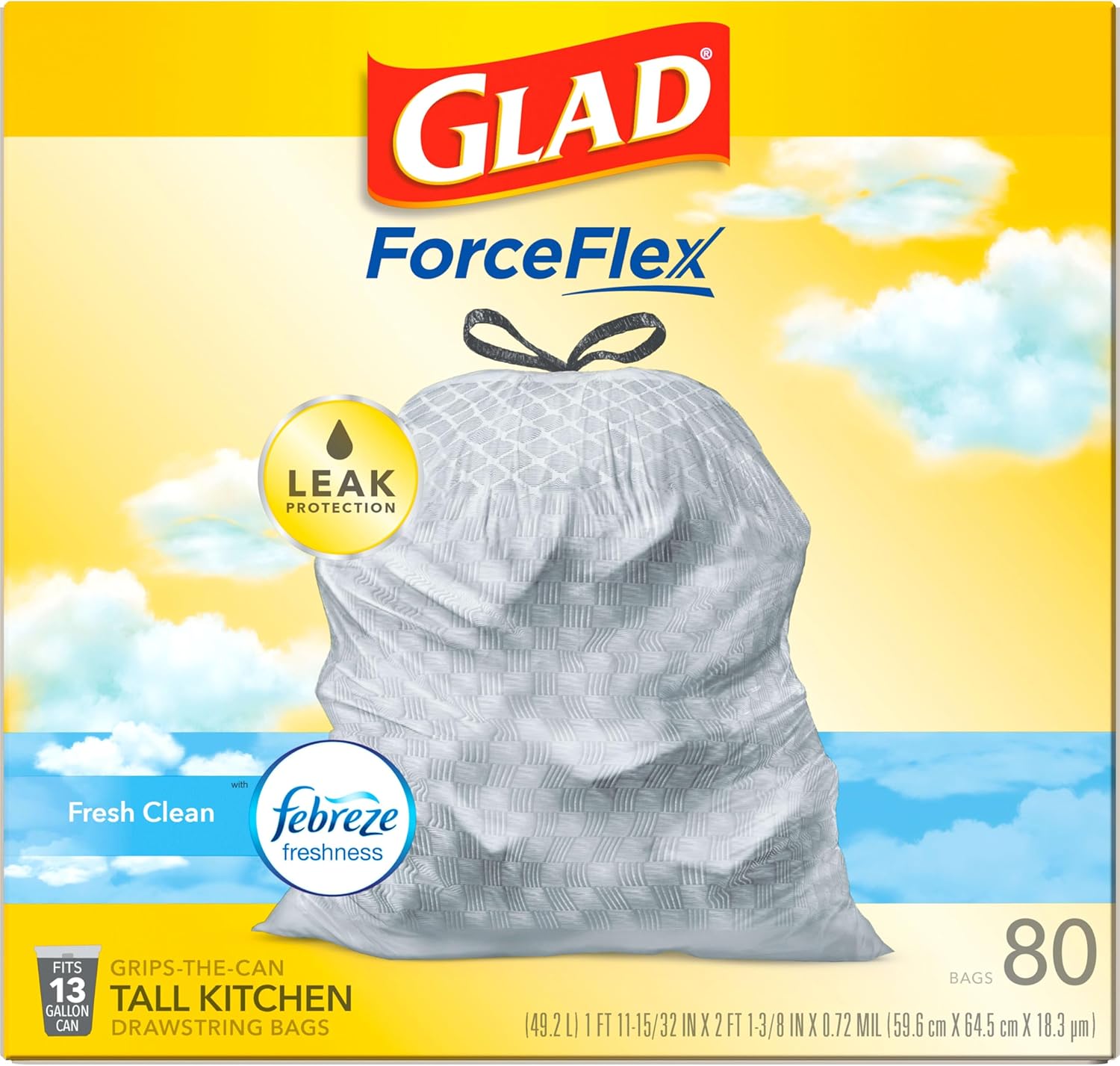 Glad Tall Kitchen Drawstring Trash Bags - Odorshield 13 Gallon White Trash Bag, Febreze Fresh Clean, 110 Count