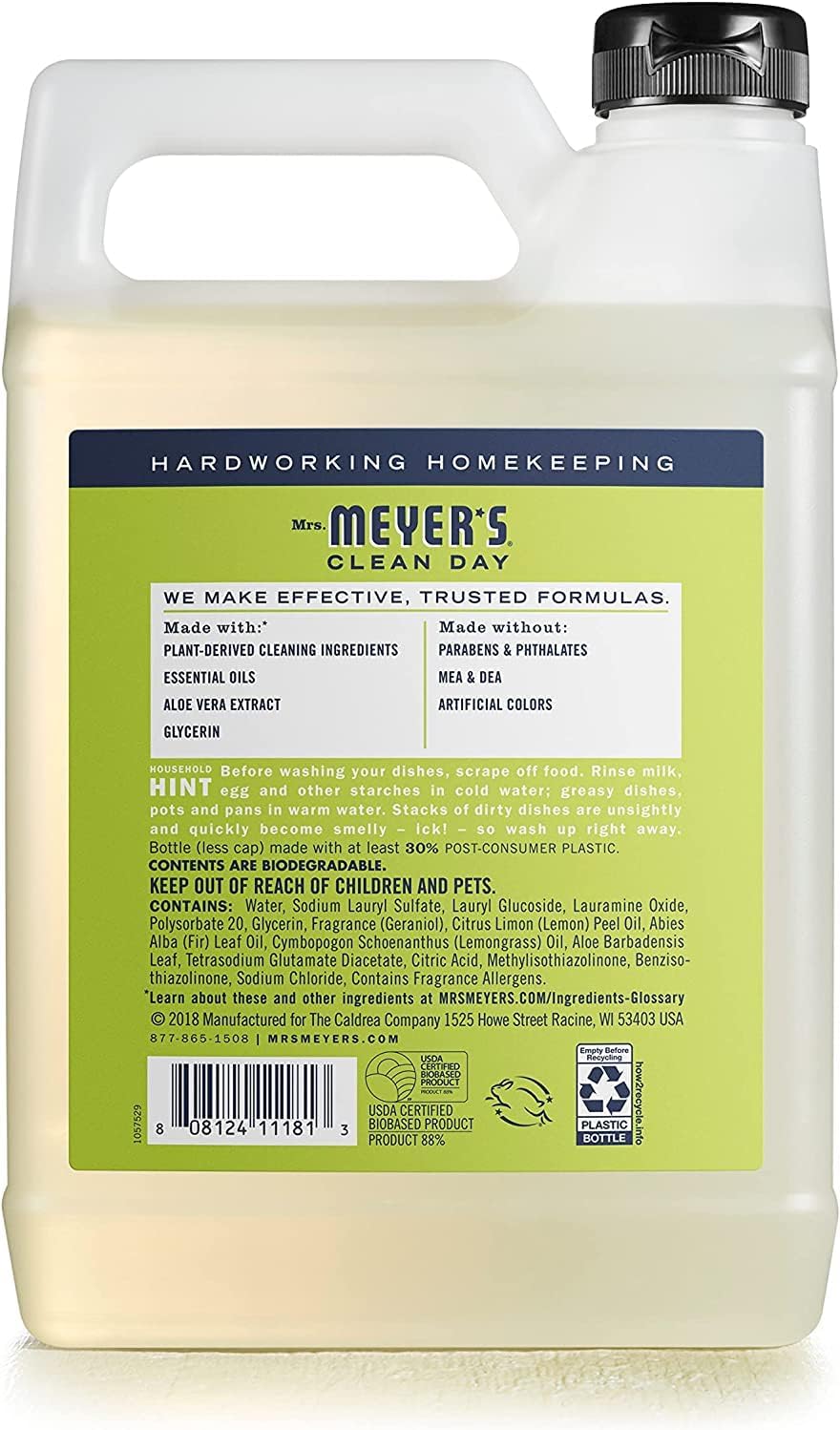 MRS. MEYER'S CLEAN DAY Liquid Dish Soap, Biodegradable Formula, Basil, 16 fl. oz - Pack of 3