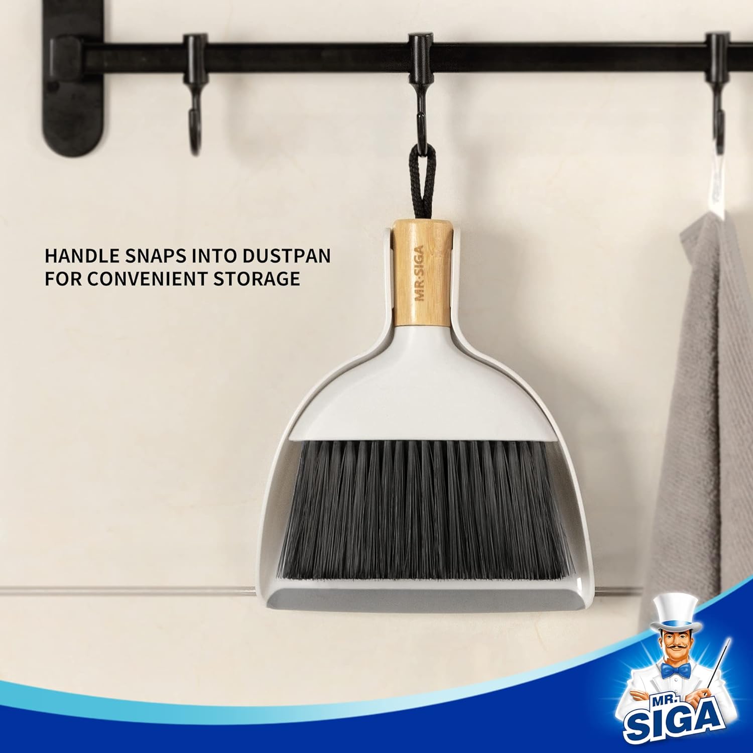 MR.SIGA Dustpan and Brush Set, Portable Cleaning Brush and Dustpan Combo with Bamboo Handle, 1 Set