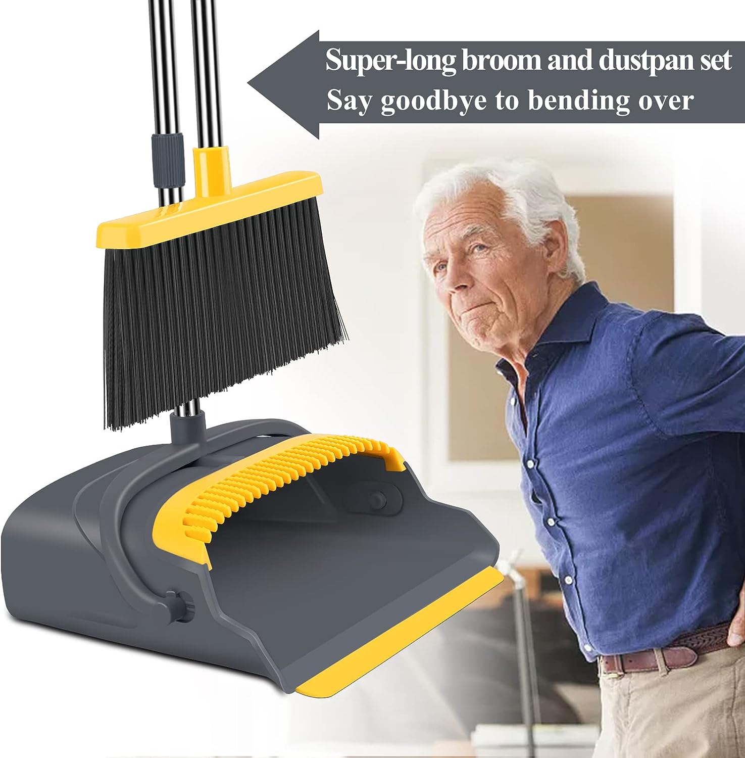 kelamayi Upgrade Stand Up Broom and Dustpan Set, Self-Cleaning with Dustpan Teeth, Ideal for Dog Cat Pets Home Use, Super Long Handle (Gray&Orange)