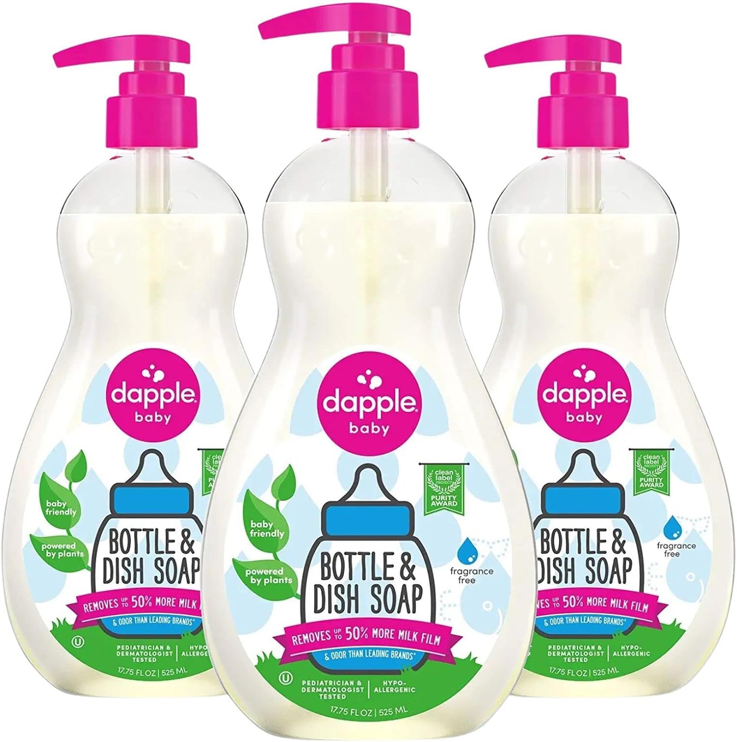Dapple Baby, Bottle and Dish Soap Dish Liquid Plant Based Hypoallergenic 1 Pump Included, Packaging May Vary, Fragrance Free, 16.9 Fl Oz (Pack of 3)