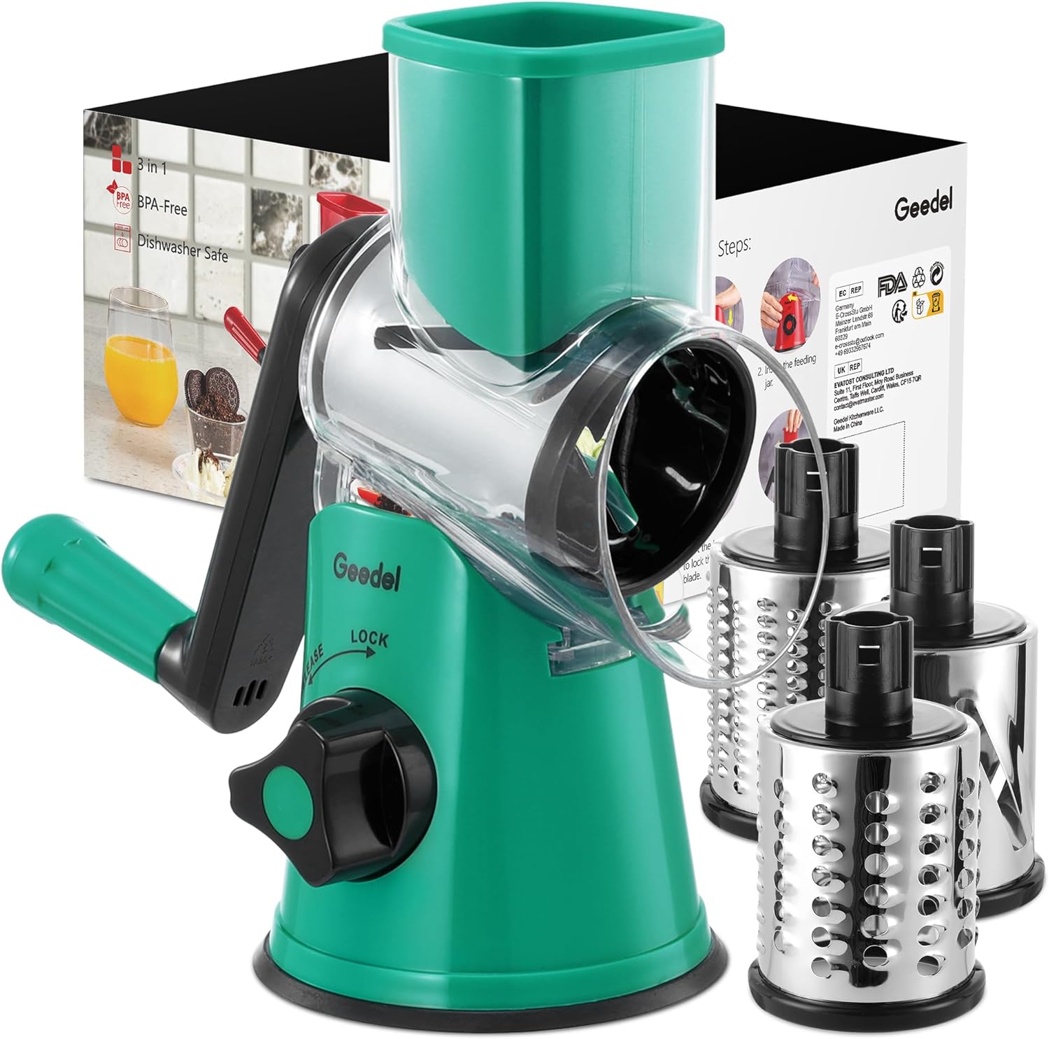 Geedel Rotary Cheese Grater, Kitchen Mandoline Vegetable Slicer with 3 Interchangeable Blades, Easy to Clean Grater for Fruit, Vegetables, Nuts