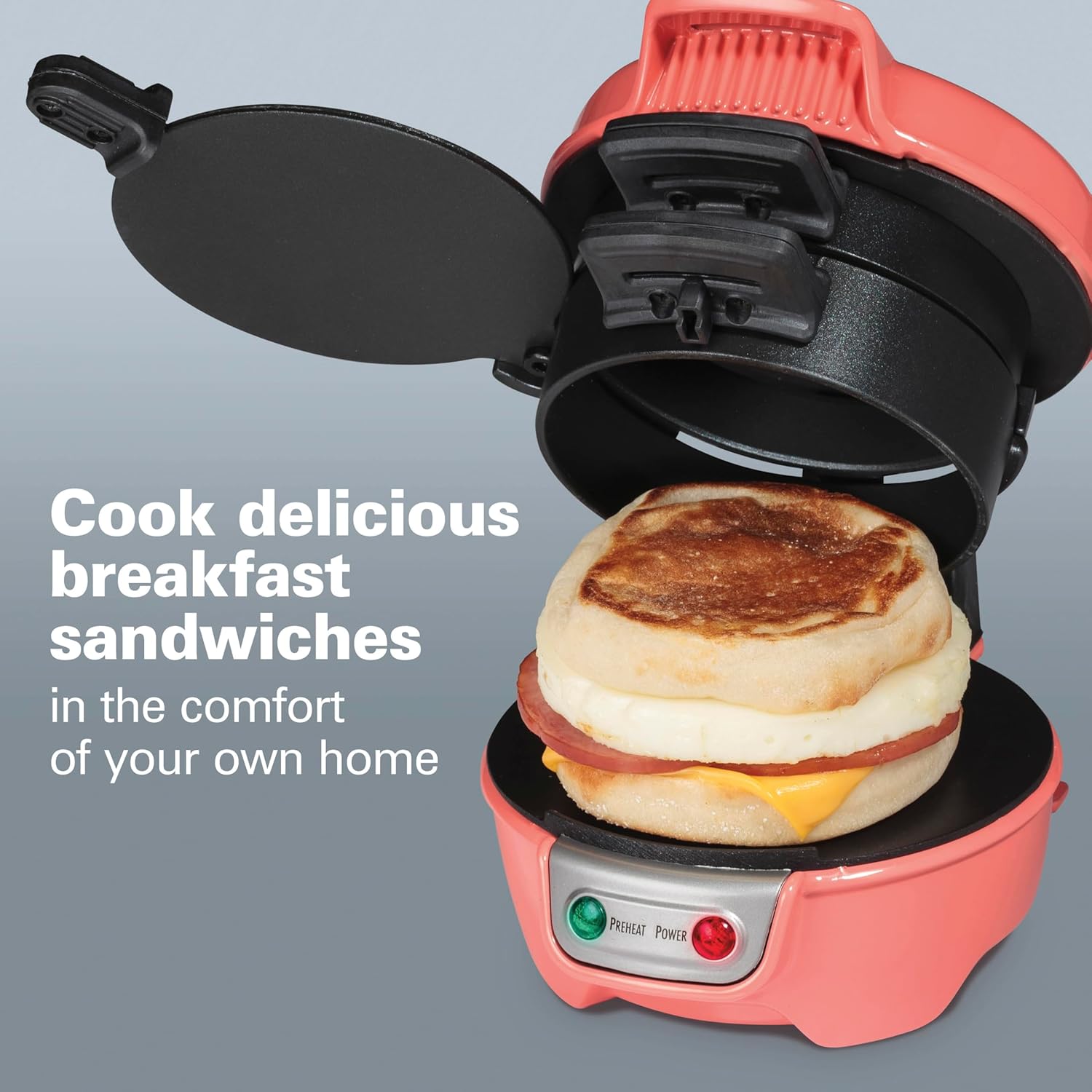 Hamilton Beach Breakfast Sandwich Maker with Egg Cooker Ring, Customize Ingredients, English Muffins, Croissants, Mini Waffles, Perfect White Elephant Gifts, Single, Black