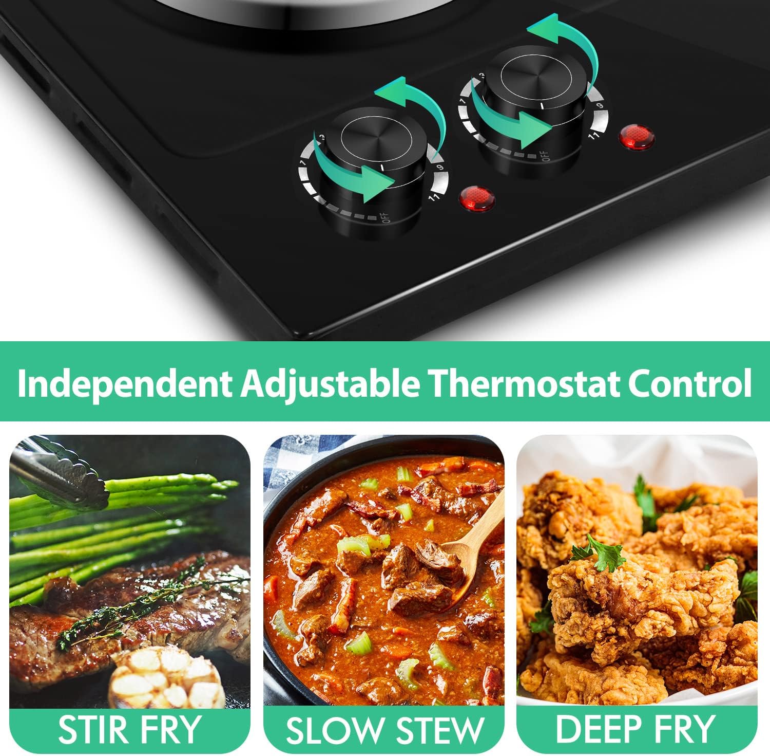 CUSIMAX 1800W Ceramic Electric Hot Plate for Cooking, Dual Control Infrared Cooktop, Double Burner, Portable Countertop Burner, Glass Plate Electric Cooktop, Silver, Stainless Steel-Upgraded Version