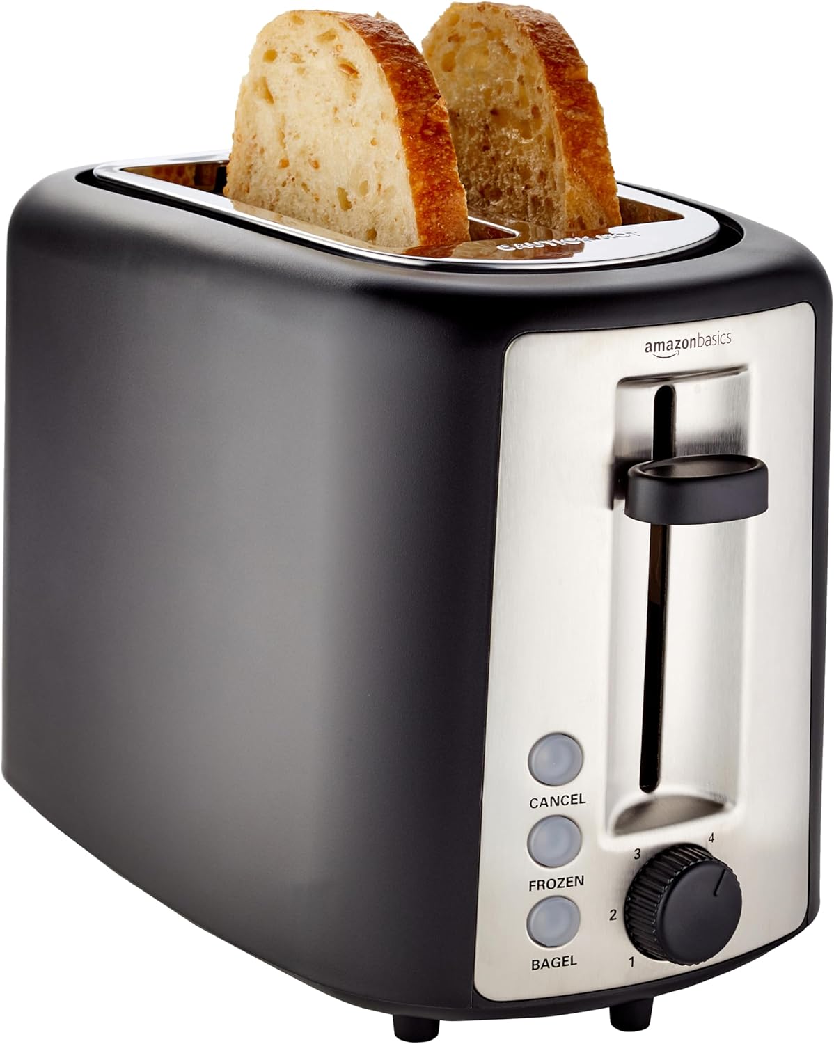 Basics 2 Slice Extra Wide Slot Toaster with Bagel Function, Removable Crumb Tray, 6 Browning Settings, Frozen Food Setting, Cancel Button, 900W, Black & Silver.