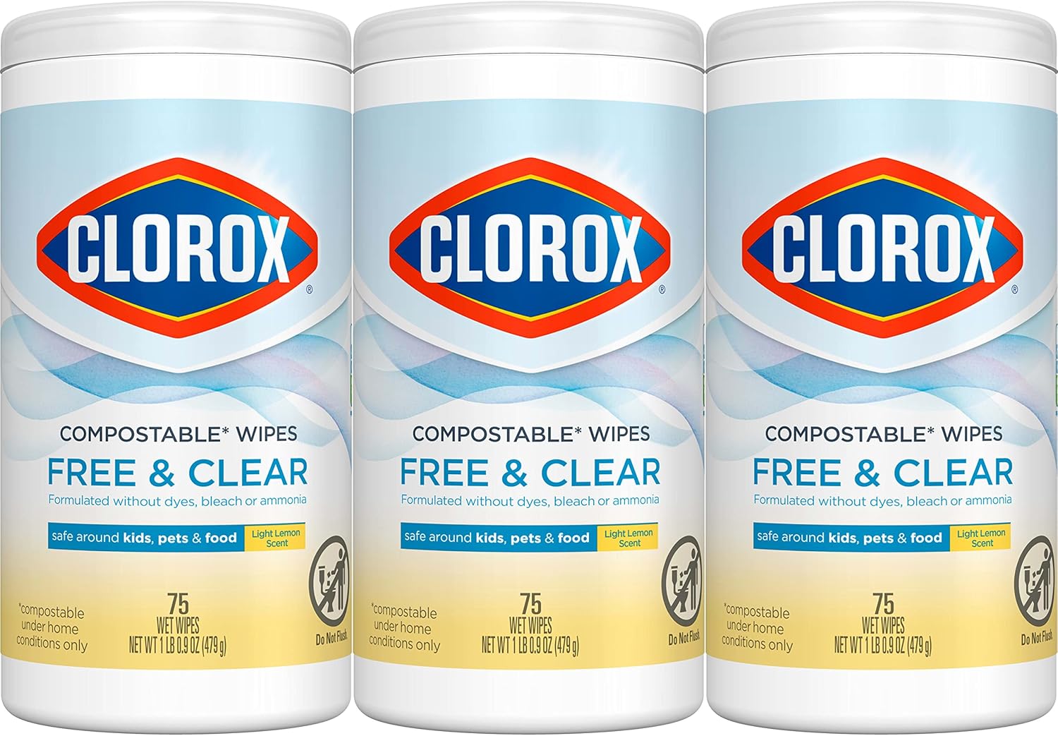 Clorox Free & Clear Compostable Cleaning Wipes, Light Lemon Scent, 75 Count, Pack of 3 (Pack May Vary)