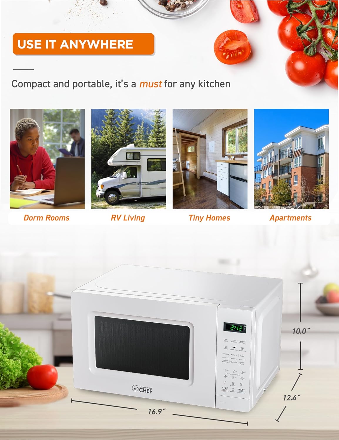 COMMERCIAL CHEF 0.6 Cubic Foot Microwave with 6 Power Levels, Small Microwave with Grip Handle, 700W Countertop Microwave with 30 Minute Timer and Mechanical Dial Controls, White