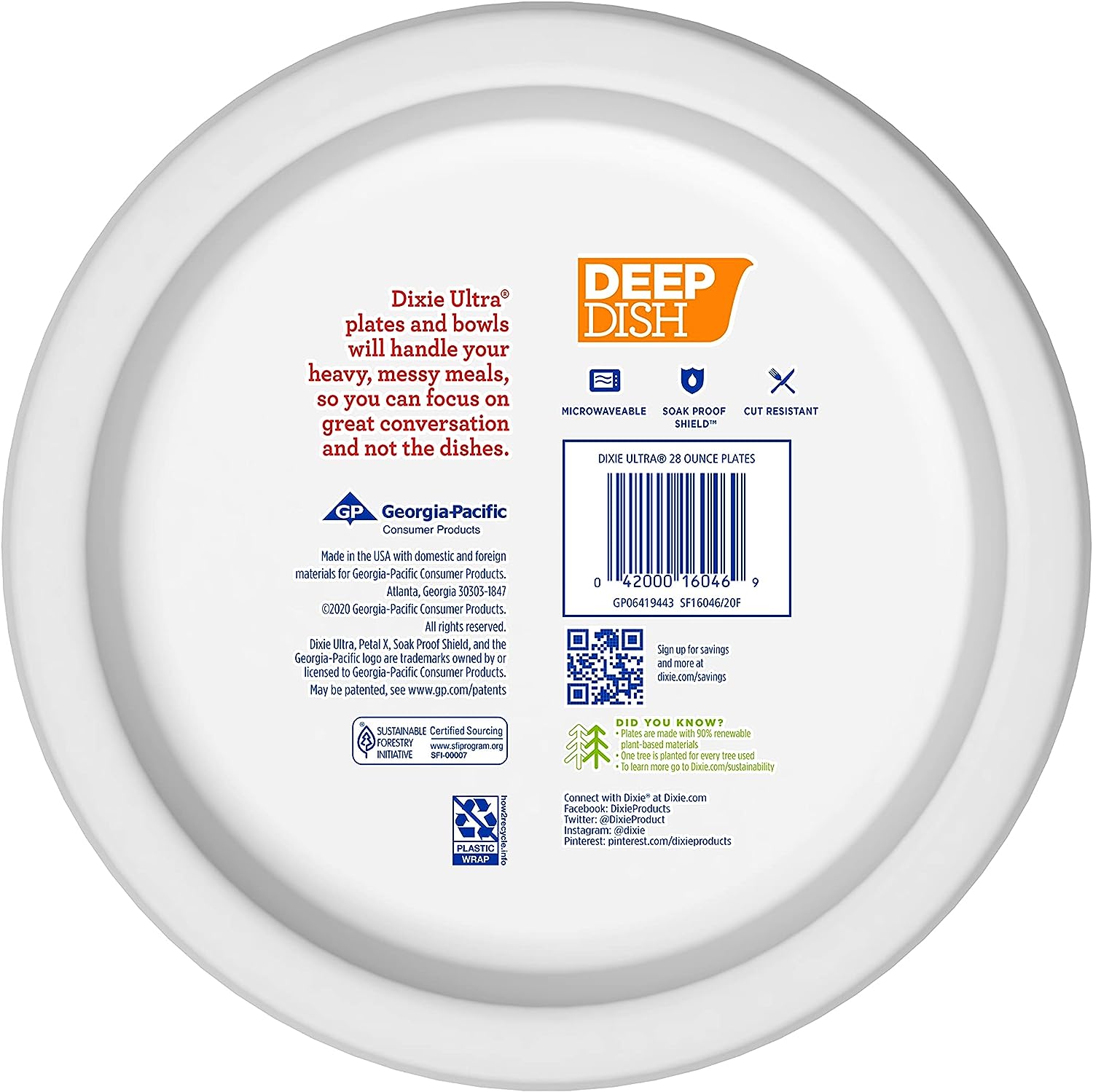 Dixie Ultra Deep Dish Paper Plates, 9 9/16 inch Dinner Size Printed Disposable Plates, 40 Count (1 Pack of 40 Plates)
