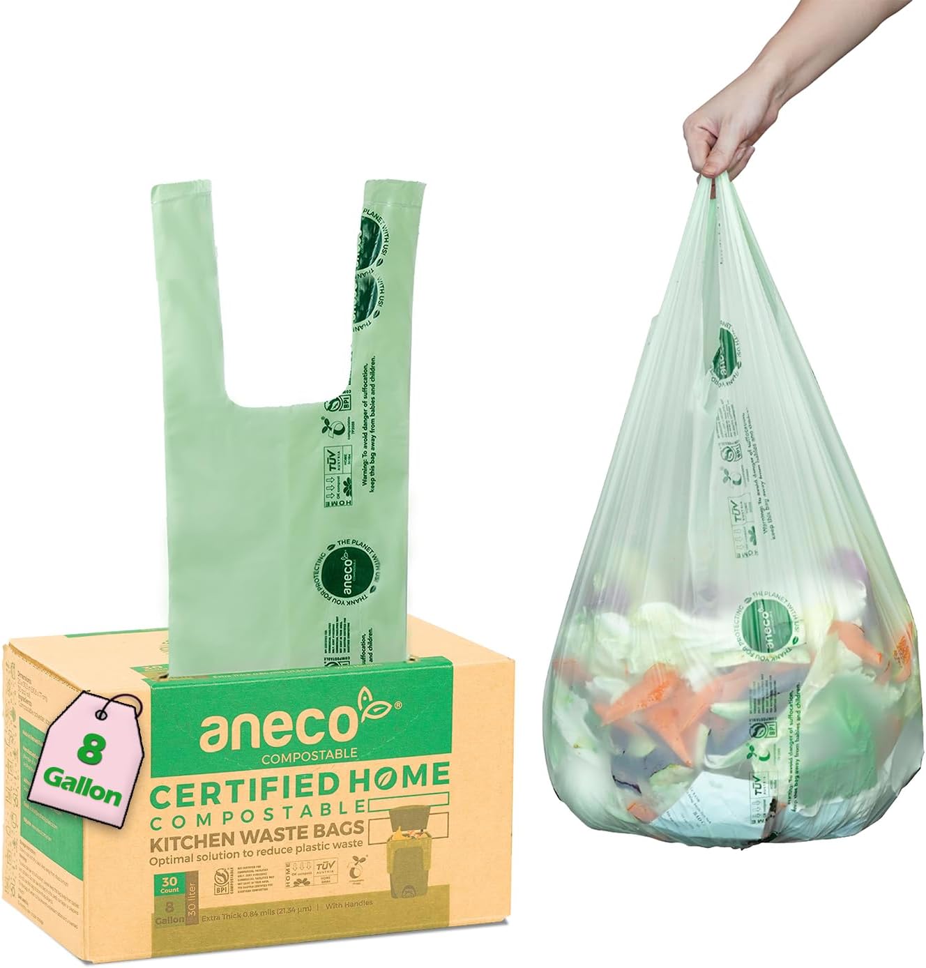 ANECO 100% Compostable Waste Bags 2.6 Gallon, Extra Thick Kitchen Small Compost Bags for Countertop Bin (100 Count)