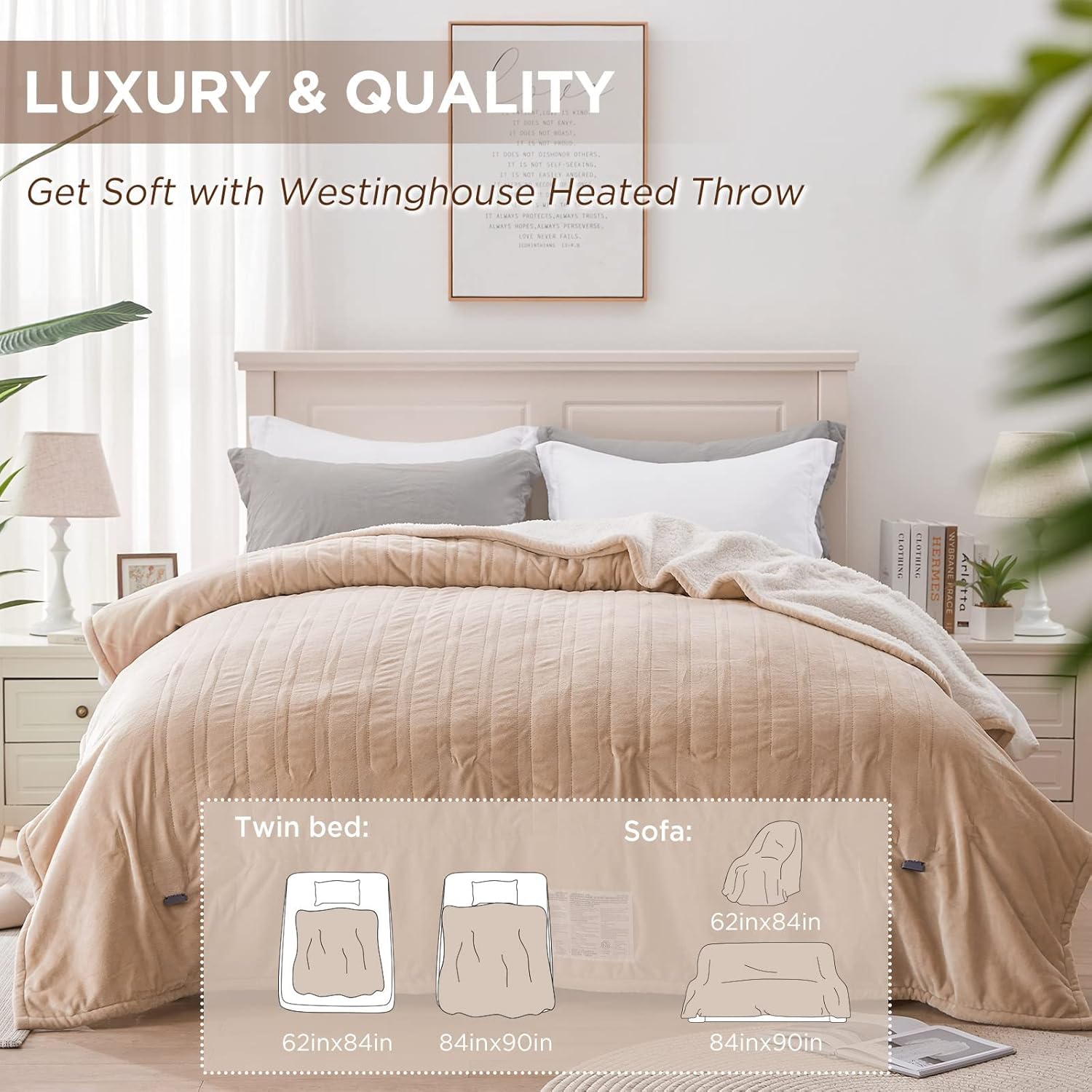 Westinghouse Heated Throw Blanket, Soft Flannel to Sherpa Electric Throw with 6 Heating Levels, 2-10 Hours Time Settings, Fast Heating, Machine Washable 50x60 Inch, Charcoal