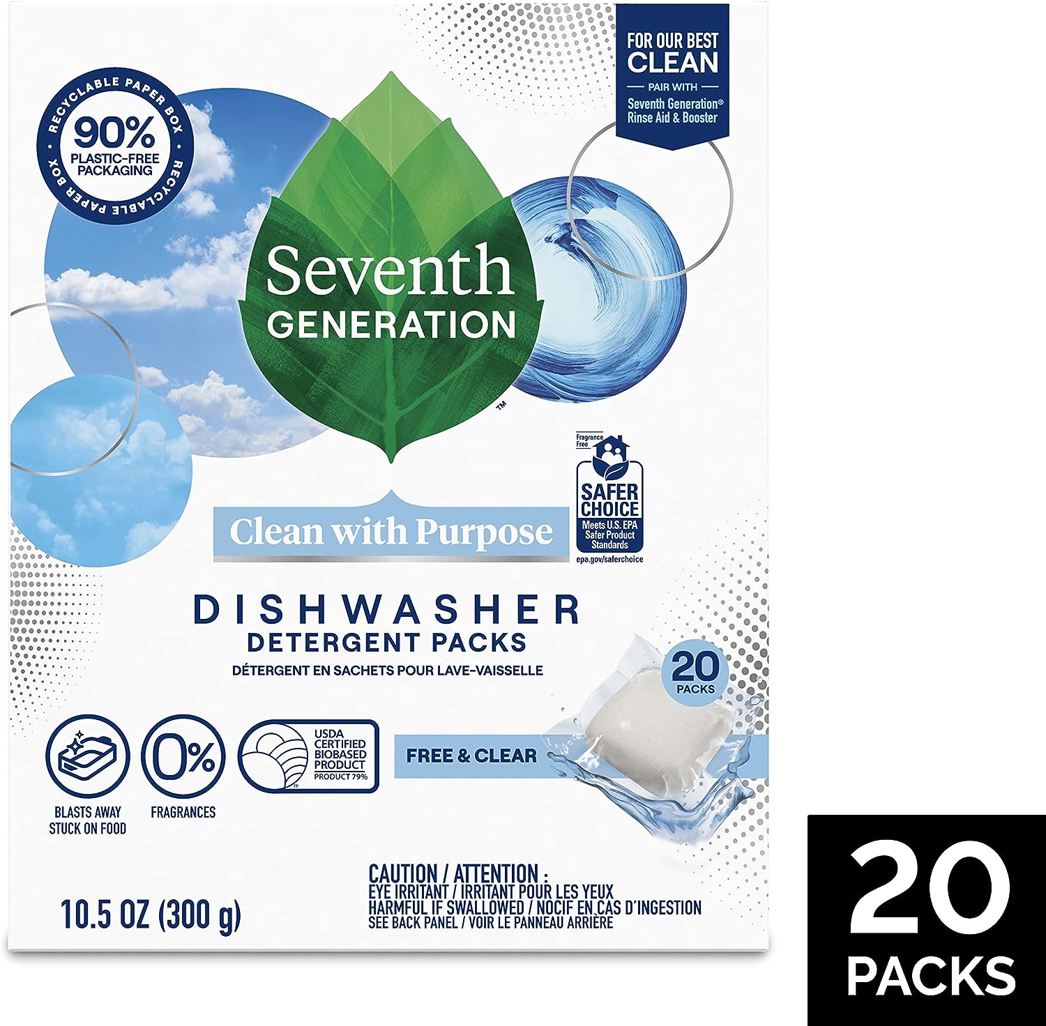 Seventh Generation Dishwasher Detergent Packs for Sparkling Dishes Free & Clear Dishwasher Tabs 45 Count, Pack of 2 (Packaging May Vary)