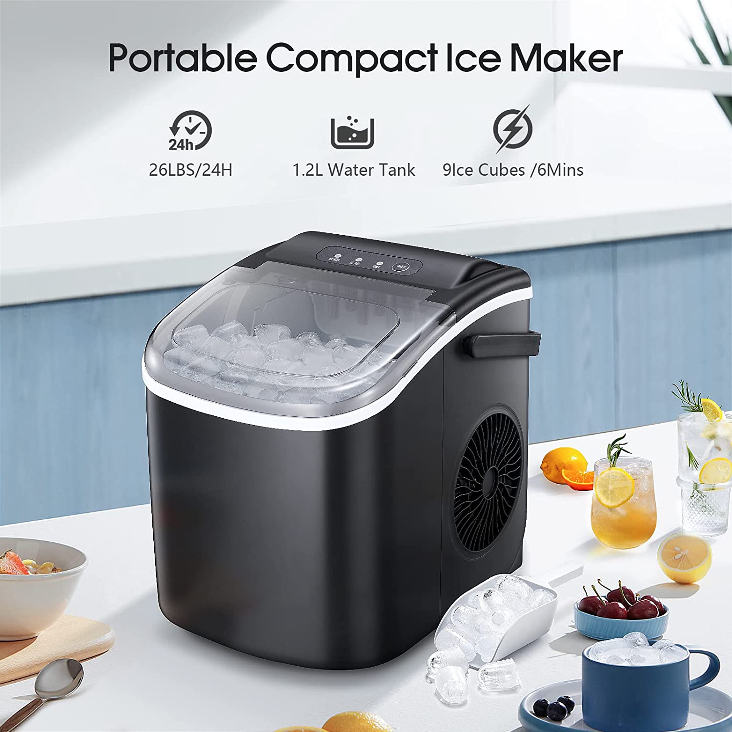 Silonn Ice Makers Countertop,Protable Ice Maker Machine with Handle,Self-Cleaning Ice Maker, 26Lbs/24H, 9 Ice Cubes Ready in 8 Mins, for Home/Office/Kitchen