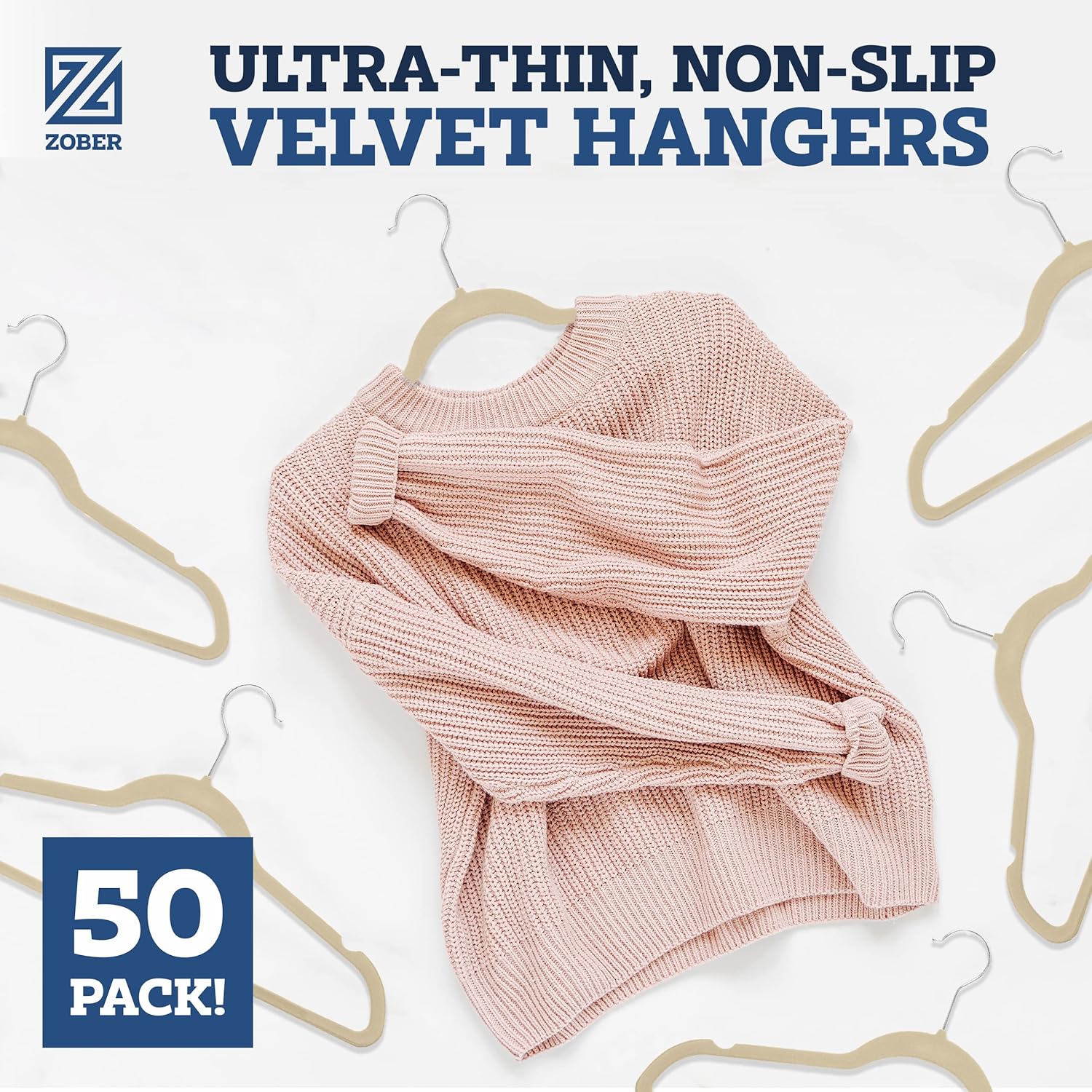 Zober Velvet Hangers 50 Pack - Heavy Duty Black Hangers for Coats, Pants & Dress Clothes - Non Slip Clothes Hanger Set - Space Saving Felt Hangers for Clothing