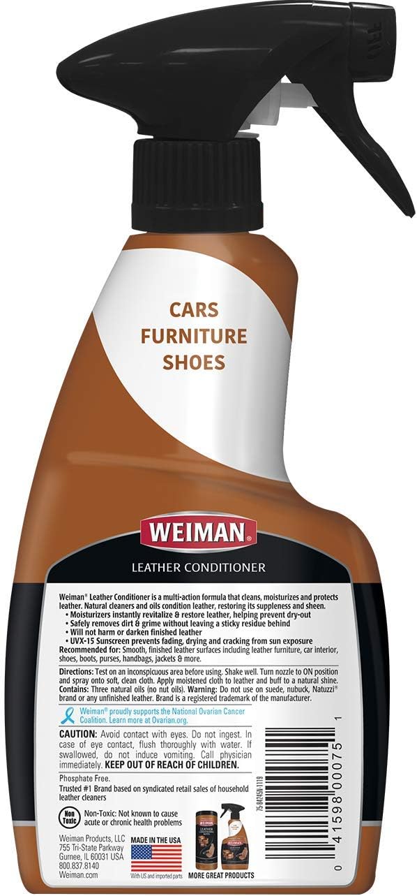 Weiman Leather Cleaner, Polish and Conditioner for Furniture, Car, Purses, Shoes, Boots and Couches- Micro Fiber Towel Included, 22oz